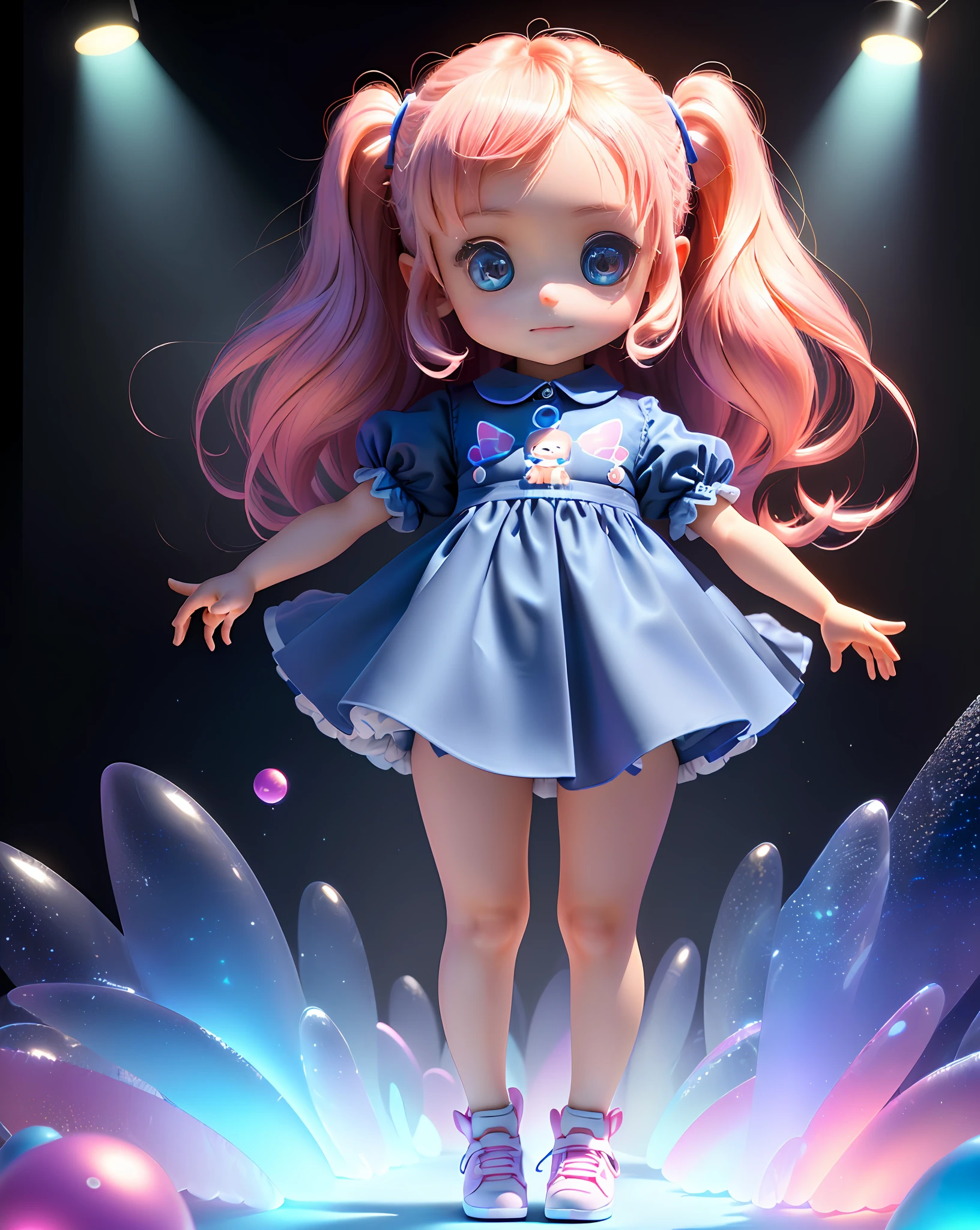 ((best quality)), ((ultradetailed)), ((masterpiece)), Super cute girl's full body 3D art, 1 girl, pretty eyes, big eyes, cute, happy, c4d, pop Matt Blind Box, glowing bubbles, toys, solid color background, chibi, fluorescent translucent, glowing body, kawaii, doll, T pose, reference sheet, pop mart blind box, Pixar, intricate detail, 3d rendering, blender, OC renderer, sheet reference foll body, dribble, high detail, 8k, studio lighting, loli, petite, child, chibi , character SD:1.1, resolution: 4K.