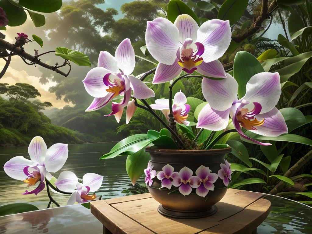 purple flowers in a pot on a table near a body of water, moth orchids, orchids, orchid, an orchid flower, orchid stems, overgrown with orchids, overgrown with puffy orchids, overgrown with thick orchids, blooming tropical flowers, reflective orchid flower, large exotic flowers, tropical flower plants, many origami orchid flowers, beautiful tropical flowers
