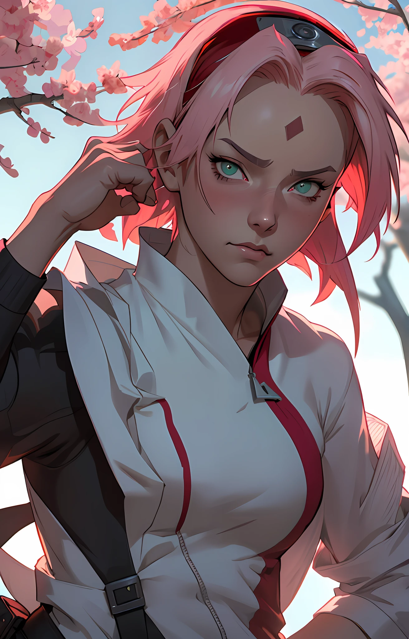 Sakura haruno, ((ambu)), ninja, seductive, soft face, ((forehead the show)), attractive, defined, thin, slender, white overcoat, red bandana, ((red blouse)), pink hair, delicate, young, short hair, detailed face, medical ninja, in a village, high definition, full body, from League of Legends, trend in artstation, by rhads, andreas rocha, rossdraws, makoto shinkai, laurie greasley, lois van baarle, Ilya Kuvshinov and Greg Rutkowski