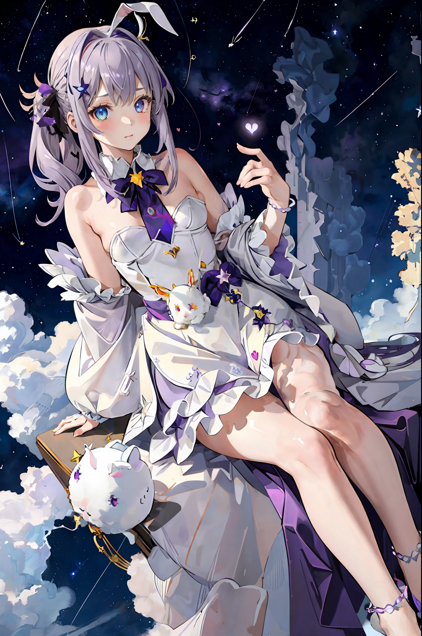 loli original,(illustration:1.1),(best quality),(masterpiece:1.1),(beautiful and clear background:1.25),(extremely detailed CG unity 8k wallpaper:1.1), (colorful:0.9),(depth of field:0.75),( ink splashing:0.95),(color splashing:0.85),(watercolor:0.65),(cowboy shot),(spoken heart:1.4),
\\
(beautiful starry sky:1.5),(a purple eye:1.21),(a blue eye:1.21),(heterochromia blue purple:1.22),(Starlight,Starry night):1.35,(detailed feathered_wings):1.2, (the girl has giant mythical wings on her back:1.35),
((The girl between the clouds and the stars):1.65),(solo:1.86),((1 beautiful girl wearing naoetsu_high_school_uniform with big top sleeves and ((frills)) and hair_ornament and ribbons and red bow ties and buttons):1.15),((gradient_eyes):1.6),Hairpin,((Gradient (purple) grey hair):1.2),(Side ponytail),hair between eyes,disheveled hair,(shiny hair),blue eyes,Flat chest,Highlight eyes,perfect hands,highres,perfect hands,detailed face,asymmetrical hair,beautiful detailed eyes,Japanese,(garter),Anklet,Bracelet,small Blonde hair ornament,(Bare shoulder),((sitting,Legs on a cloud):1.2),(Meteor:1.3),Galaxy,((fluffy white rabbit, stuffed rabbit, flying bill, flying rabbit):1.25),Bunny ears,Bunny ears,
\\
masterpiece,best quality,highly detailed,Amazing finely detail,tachi-e, sketch,an extremely deilcate and beautiful,detailed face,detailed cute anime face,small breast,expressionless,
detailed body,beautiful detailed glow,
beautiful detailed eyes,