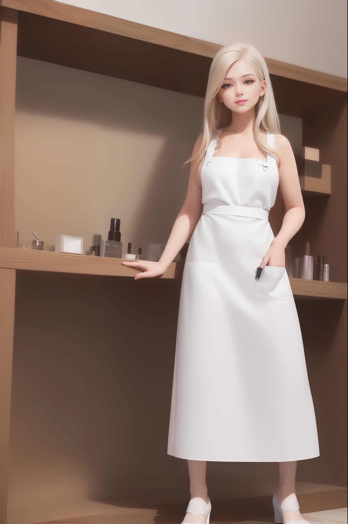 Extremely detailed, very realistic, ((a beautiful young woman)), (((beautician))), of ((round face)), ((dark blonde hair)), ((straight hair, below shoulders)) handsome, standing, (((dressed in appropriate beautician clothes)))), ((apron)), pants, formal pose, doctor, ((hair loose)) with white shoes, with a nice open smile, ((pointing to a modern shelf of beauty products)). 3D rendering design style, ((((all white background)))). super hyperdetailed image, studio cartoon, disney studio, pixar studio, 8k UHD