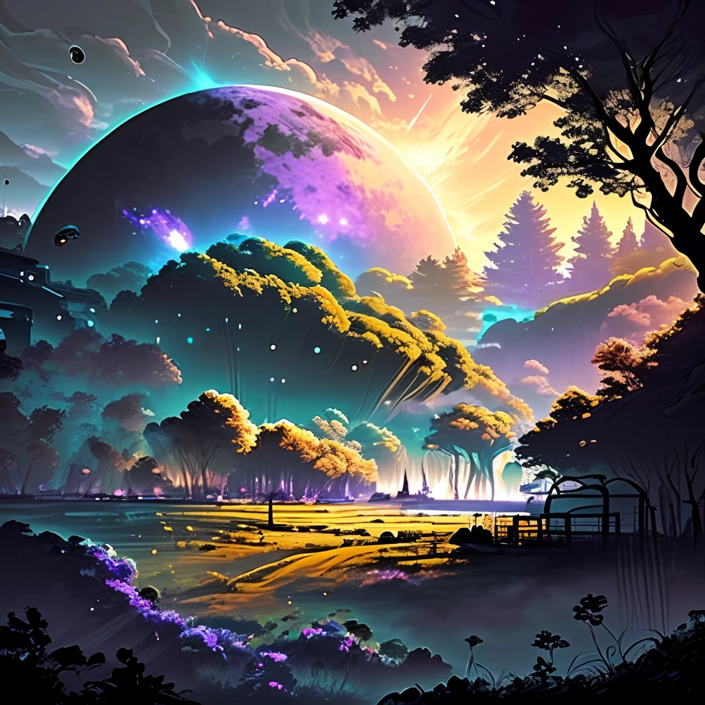 landscape on a strange alien planet, twin suns, atmospheric colours, fields, trees in the background, dense foliage, animals, picturesque, photo, synthwave