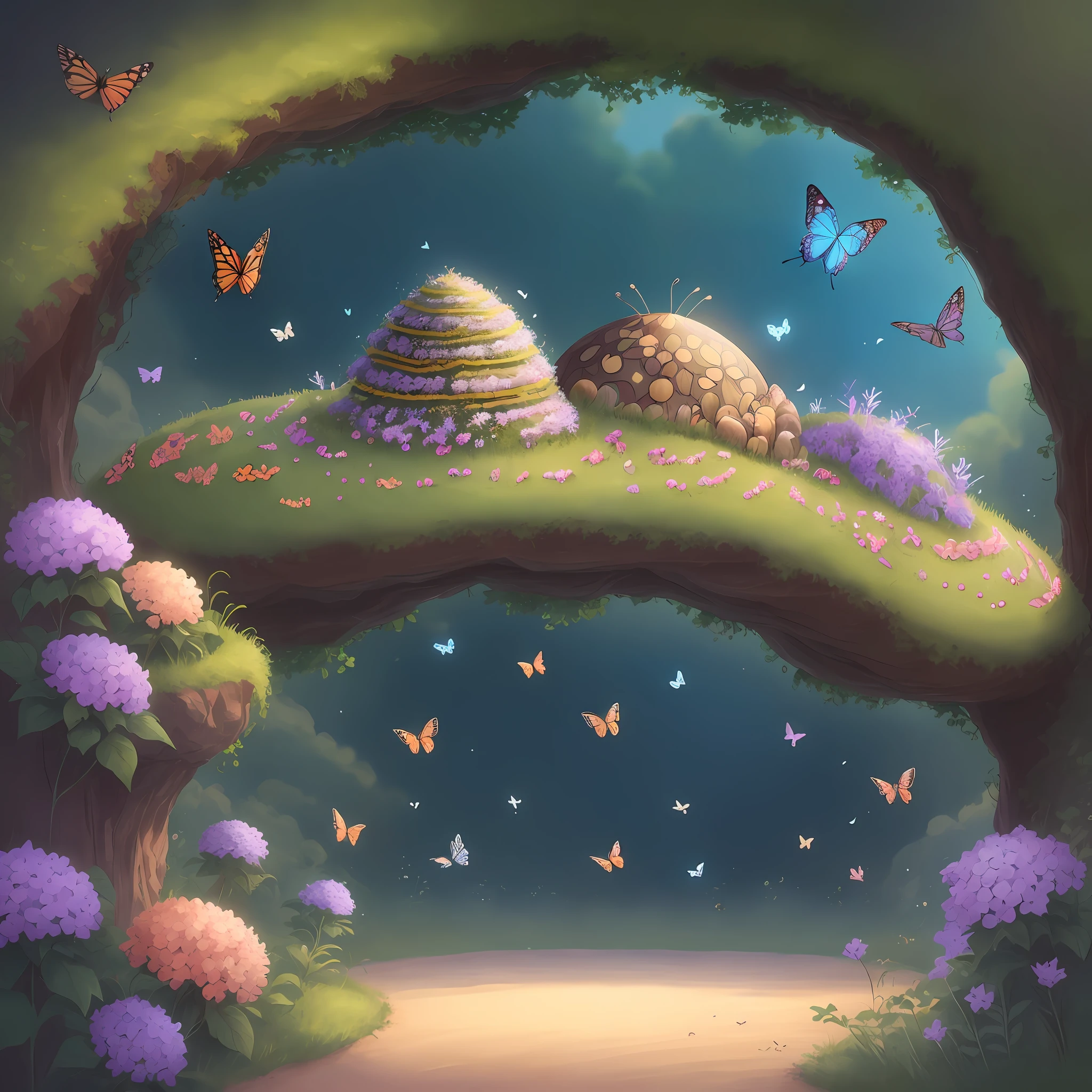 Anthill made cocoon of butterfly and butterflies flying over
