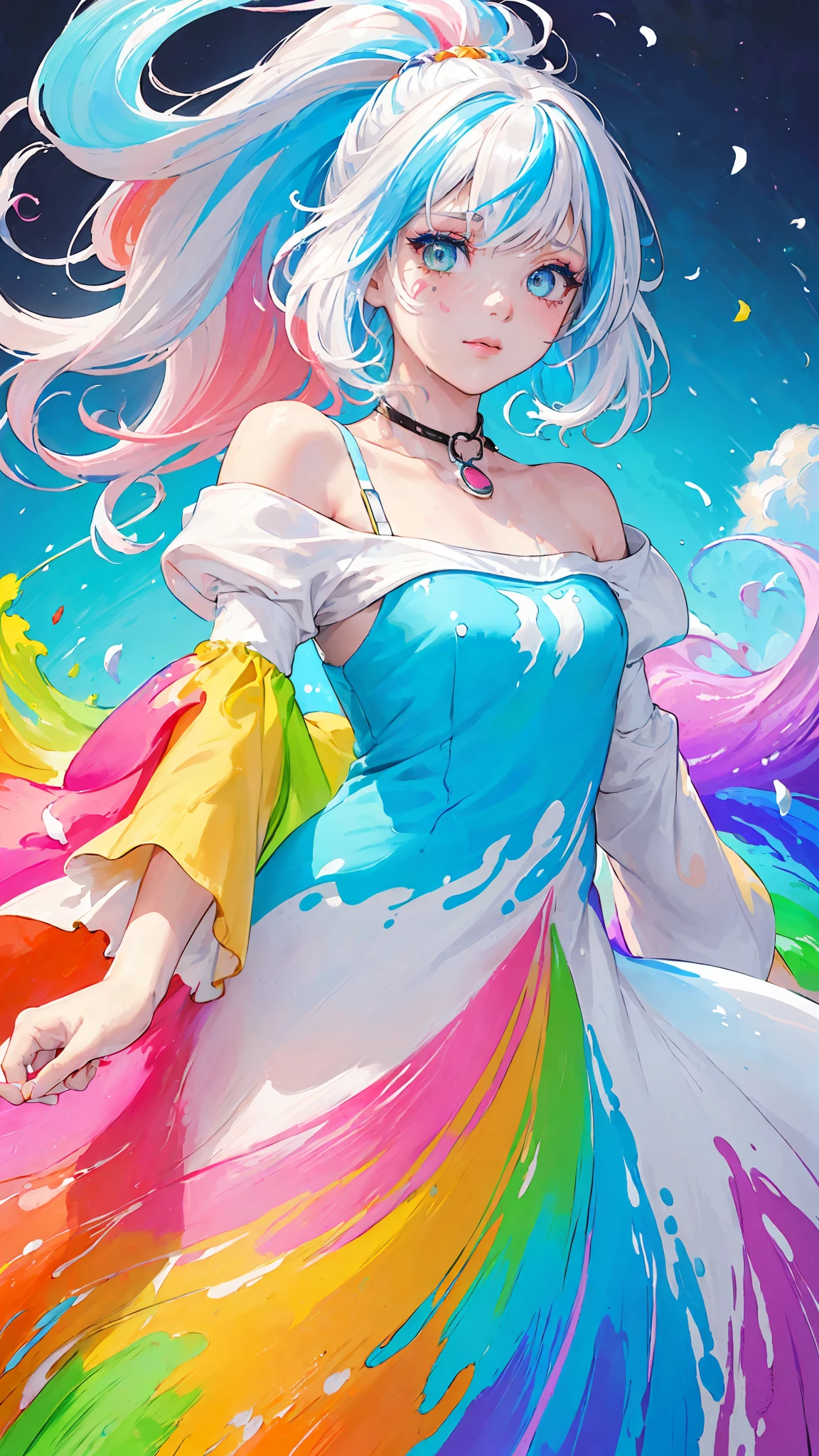 (Pink Fashion T-shirt:1.9),(Colorful hair: 1.8), (all the colours of the rainbow: 1.8),(((((vertical painting:1.6))), (painting:1.6),front, comics, illustrations, paintings, large eyes, crystal clear eyes,( rainbow color gradient high ponytail:1.7), exquisite makeup, closed mouth,(Small Fresh: 1.5),(Wipe Chest: 1.6) ,long eyelashes, white off shoulder T-shirt, White Shoulder Shirt,looking at the audience, large watery eyes, (rainbow colored hair:1.6), color splash, (solo:1.8), color splash, color explosion, thick paint style, messy lines, ((shining)),(colorful), (colorful), (colorful), colorful, Thick Paint Style, (Splash) (Color Splash), Vertical Painting, Upper Body, Paint Splash, Acrylic Pigment, Gradient, Paint, Highest Image Quality, Highest Quality, Masterpiece, Solo, Depth of Field, Face Paint, colorful clothes, (Elegant: 1.2), gorgeous,long hair, wind, (Elegant: 1.3), (Petals: 1.4),(((masterpiece))),(((best quality))),((ultra-detailed)),(illustration),(dynamic angle),((floating)),(paint),((disheveled hair)),(solo),(1girl) , (((detailed anima face))),((beautiful detailed face)),collar,bare shoulders,white hair, ((colorful hair)),((streaked hair)),beautiful detailed eyes,(Gradient color eyes),(((colorful eyes))),(((colorful background))),(((high saturation))),(((surrounded by colorful splashes))),