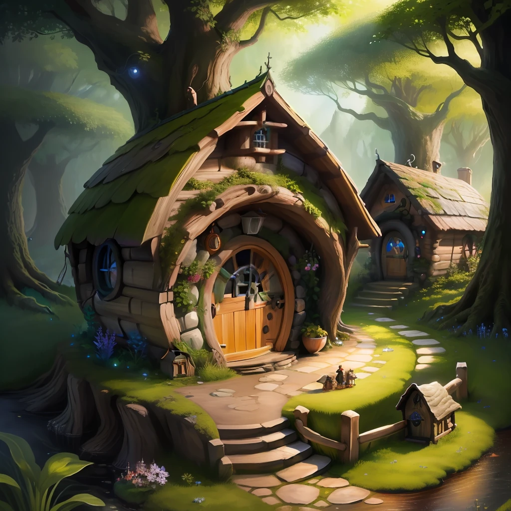 a skilled artwork hobbit house with some fairies near the tree and ant fountain in front of it, realistic, hd,HDR 4k , upscale