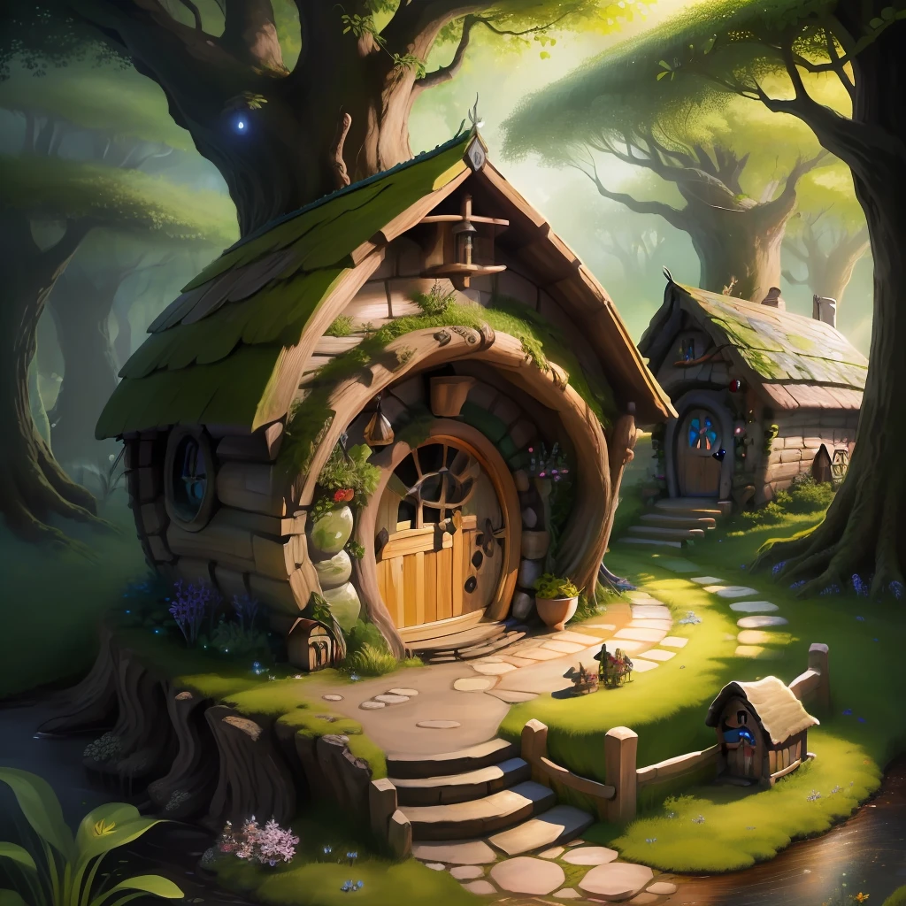 a skilled artwork hobbit house with some fairies near the tree and ant fountain in front of it, realistic, hd,HDR 4k , upscale