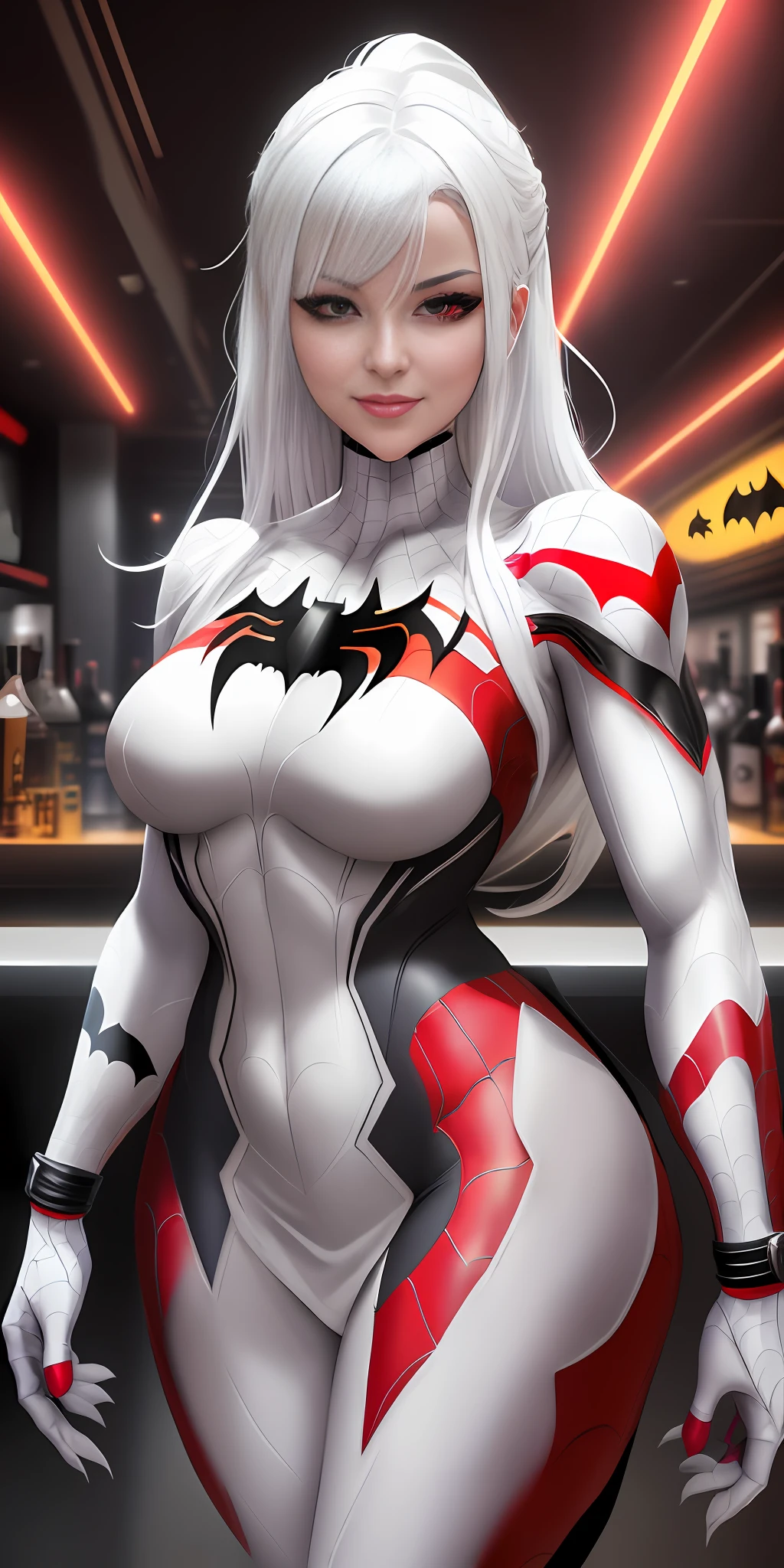 Imagine 16k, Unreal Engine 5, Anime style, [Mortal Kombat| Super Metroid],((Woman| Mummy| Spider-Man| Batman])), ((white hair)), ((red eyes)), looking at the viewer with a smile, in a futuristic liquor bar.