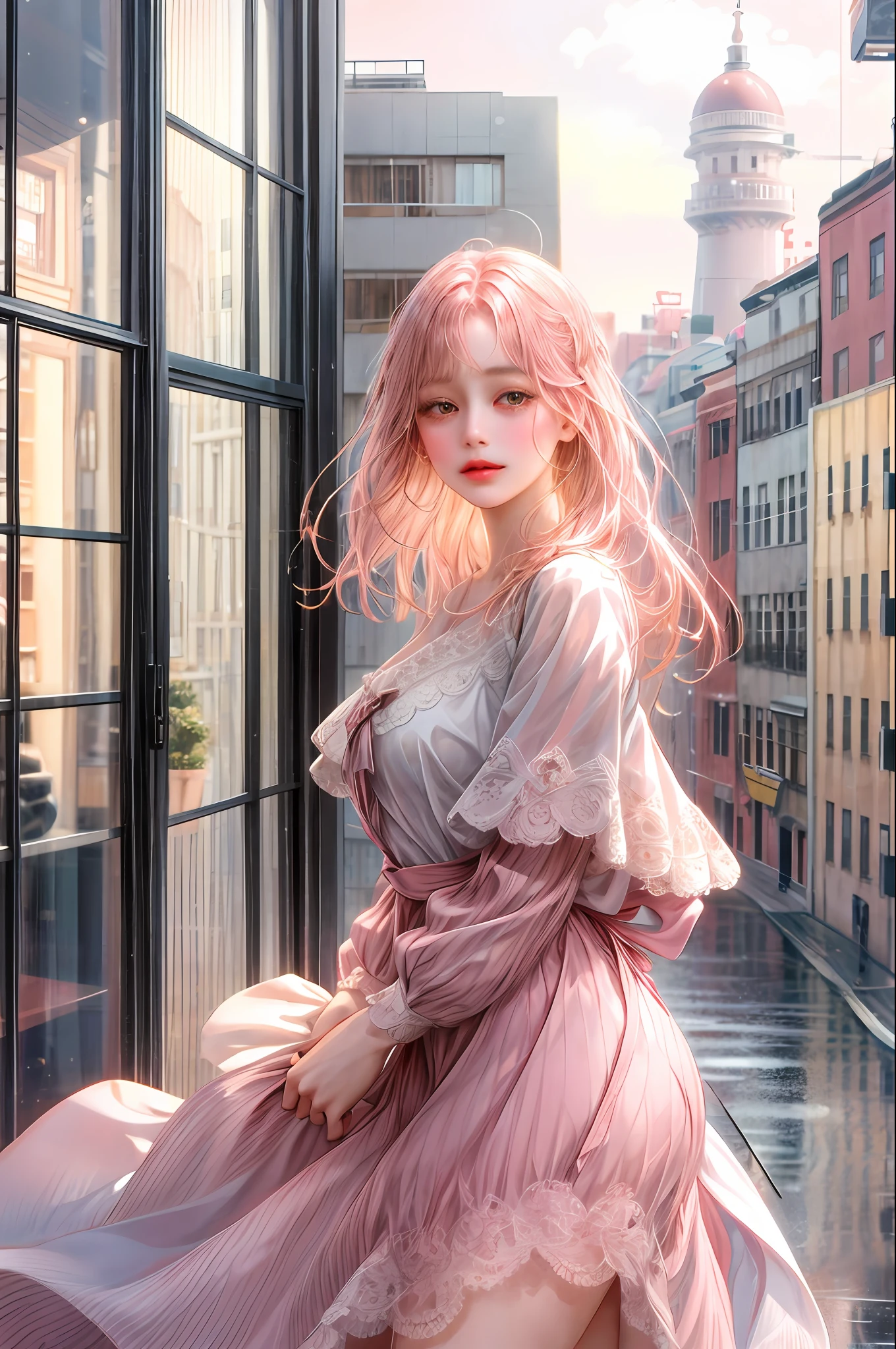 1girl, A company employee, medium pink hair with wavy fringe and brown eyes, tall, thin, tender, pure look of the 21st century behind her is a window showing various buildings in the city