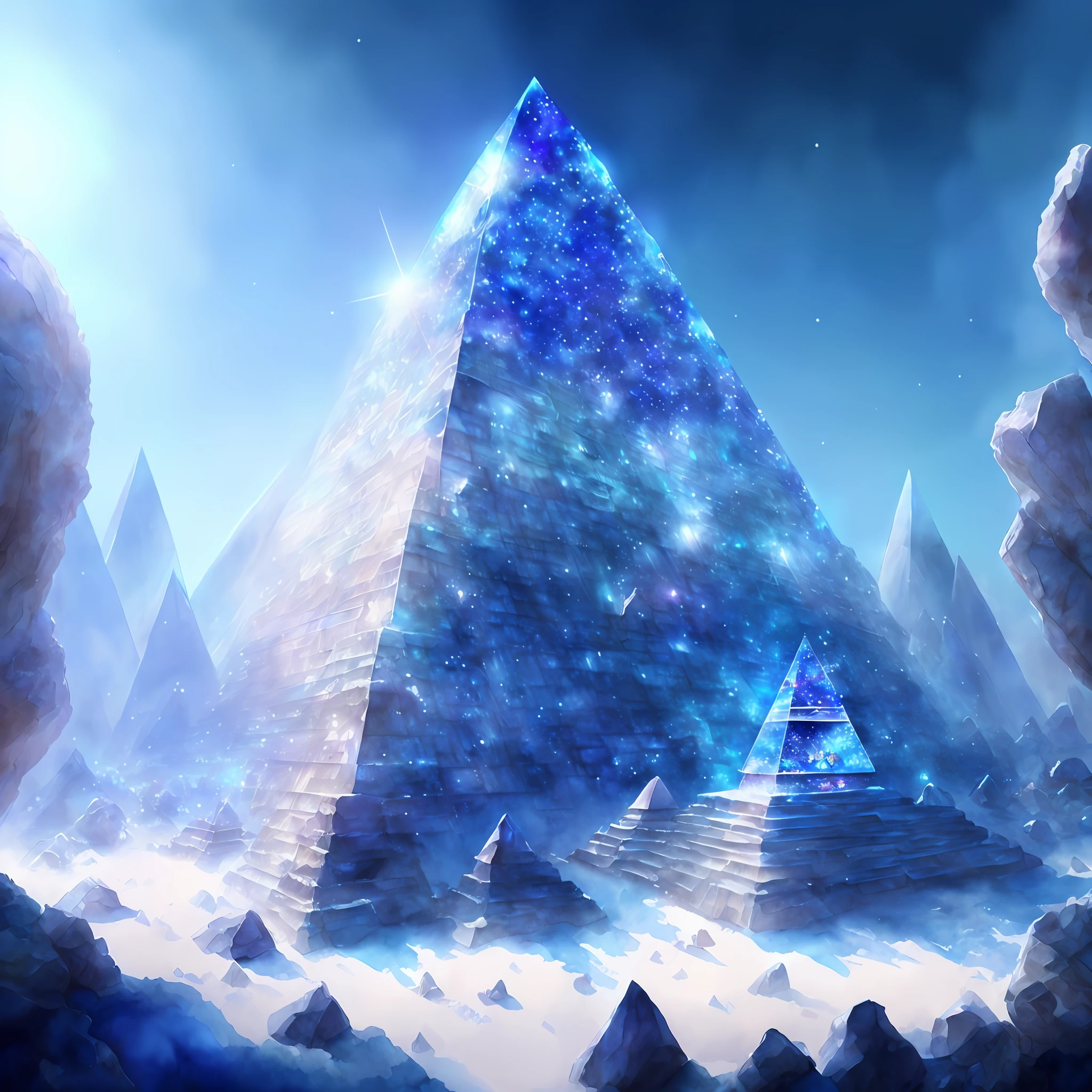 (ultra-detailed CG artwork, masterpiece quality, breathtaking), floating crystal pyramid, (mesmerizing illumination combined with perfect shadow),(wide shot,vivid blue background),(no people), mystical atmosphere, unreal, (watercolor effect: 1.2), high resolution