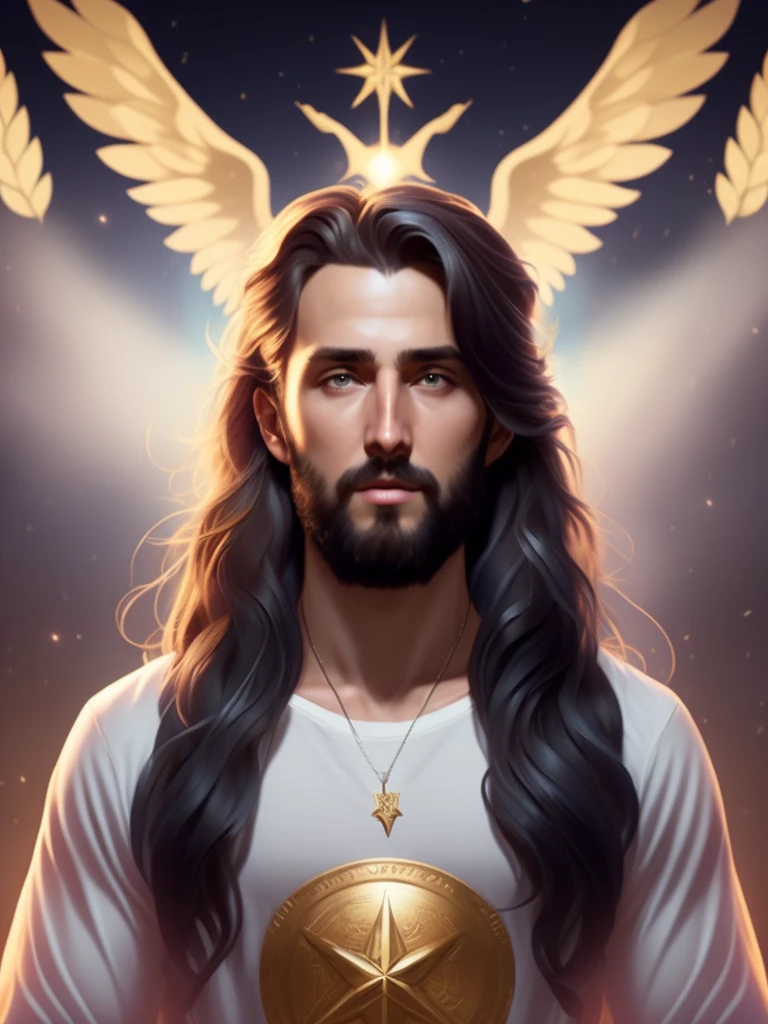 fking_scifi_v2, portrait Jessu Christ (Savior of the World) long and windy hair, standing in front of a sick person, close-up, face of victory, pose and attitude of a God.