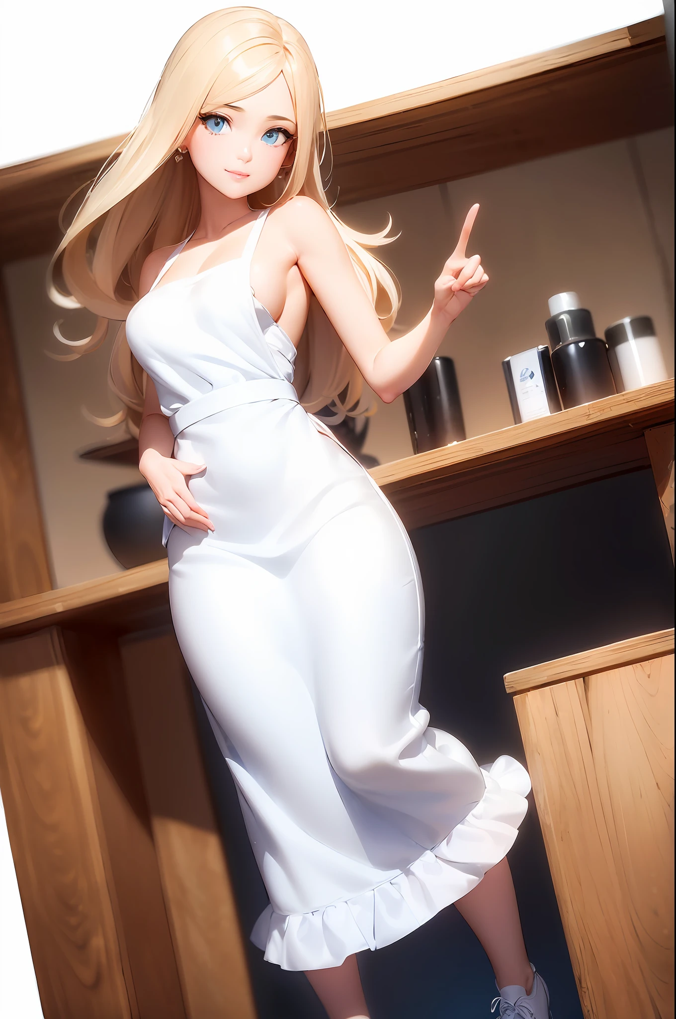 Extremely detailed, very realistic, ((a beautiful young woman)), (((beautician))), of ((round face)), ((dark blonde hair)), ((straight hair, below shoulders)) handsome, standing, (((dressed in appropriate beautician clothes)))), ((apron)), pants, formal pose, doctor, ((hair loose)) with white shoes, with a nice open smile, ((pointing to a modern shelf of beauty products)). 3D rendering design style, ((((all white background)))). super hyperdetailed image, studio cartoon, disney studio, pixar studio, 8k UHD