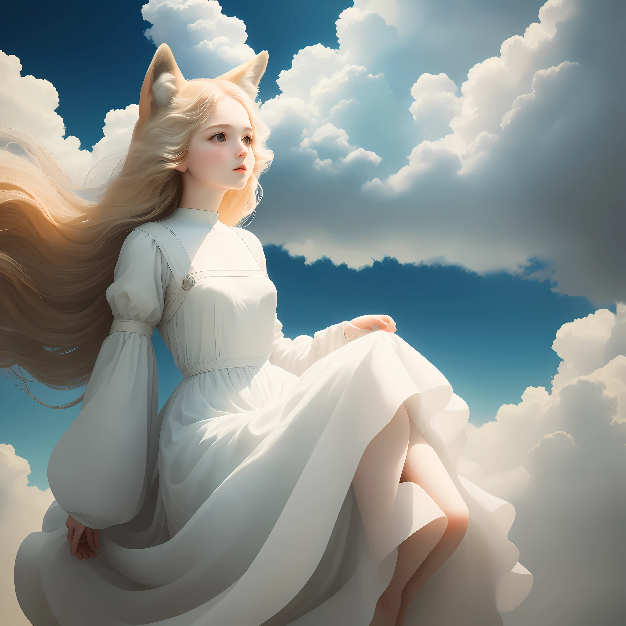 Masterpiece, Best Quality, Film Stills, 1girl, Floating in the Sky, Gods, Clouds, Close Up: 1.1, Bright, Clean, Fox, Soft Light, Bauhaus, Shapes, Lines, Abstraction: 1.1, Antique, Full Body