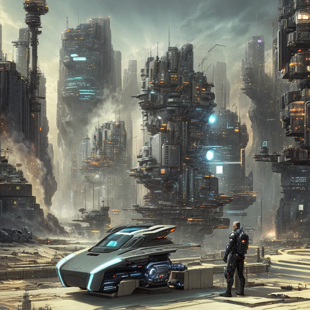 cyber-enhanced man leaning against a futuristic sci-fi vehicle on a dystopian sci-fi city street
