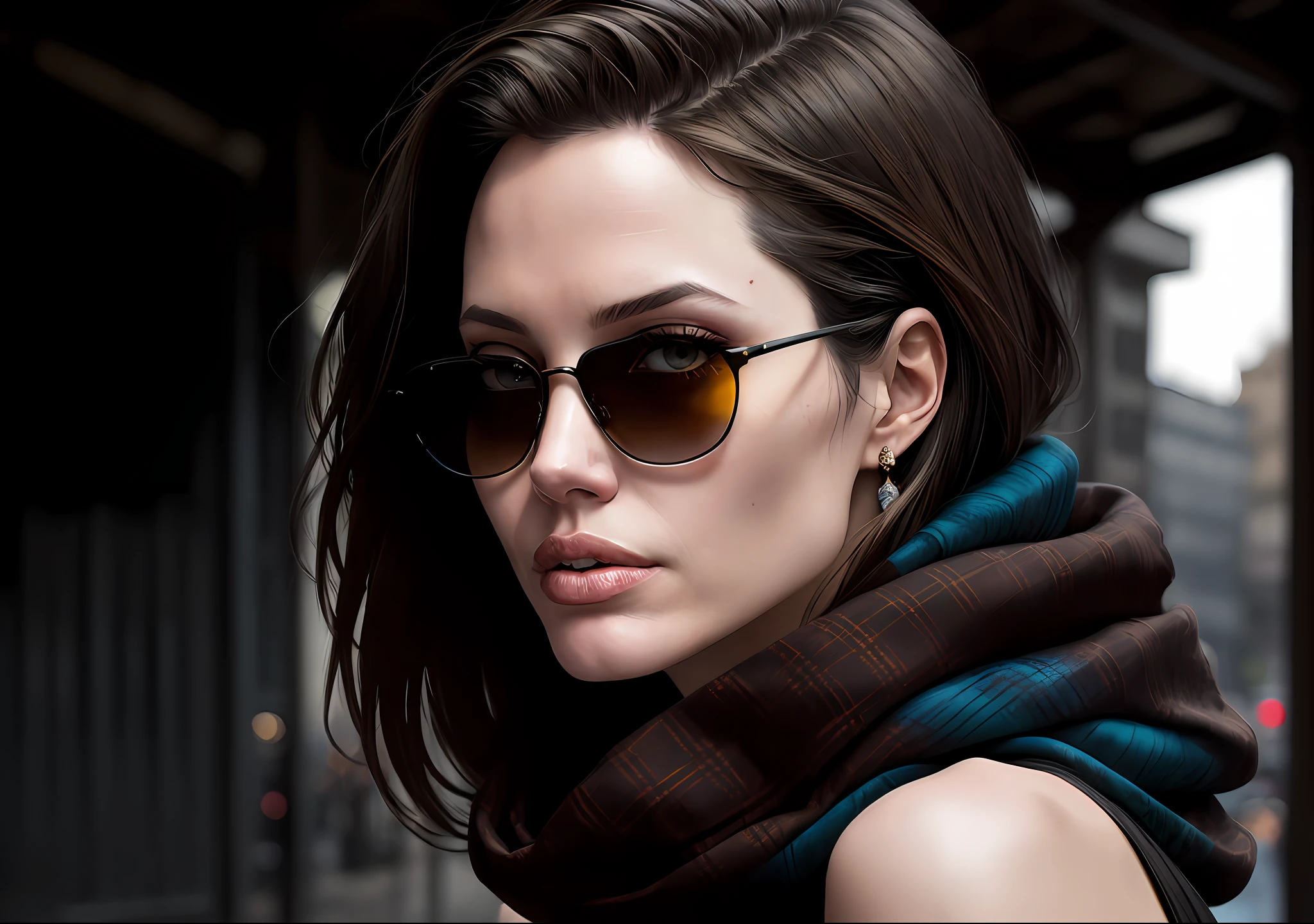 Angelina Jolie Dark photo: With her body covered, sitting on the bench of the square, realistic epic, halo portrait, sunglasses, blue eyes, plaid scarf, white hair by Atey Ghailan, by Greg Rutkowski, by Greg Tocchini, by James Gilleard, by Joe Fenton, by Kaethe Butcher, yellow gradient, black, brown and magenta color scheme, grunge aesthetic!!! Graffiti brand wall background, art by Greg Rutkowski and Artgerm, soft cinematic light, Adobe Lightroom, Photo Lab, HDR, intricate, highly detailed, (depth of field: 1.4), faded, (neutral colors: 1.2), (HDR: 1.4), (soft colors:1.2), hyperdetailed, (Artstation:1.4), cinematic, warm lights, dramatic light, (intricate details:1.1), complex background, (Rutkowski:0.66), (blue and orange:0.4)