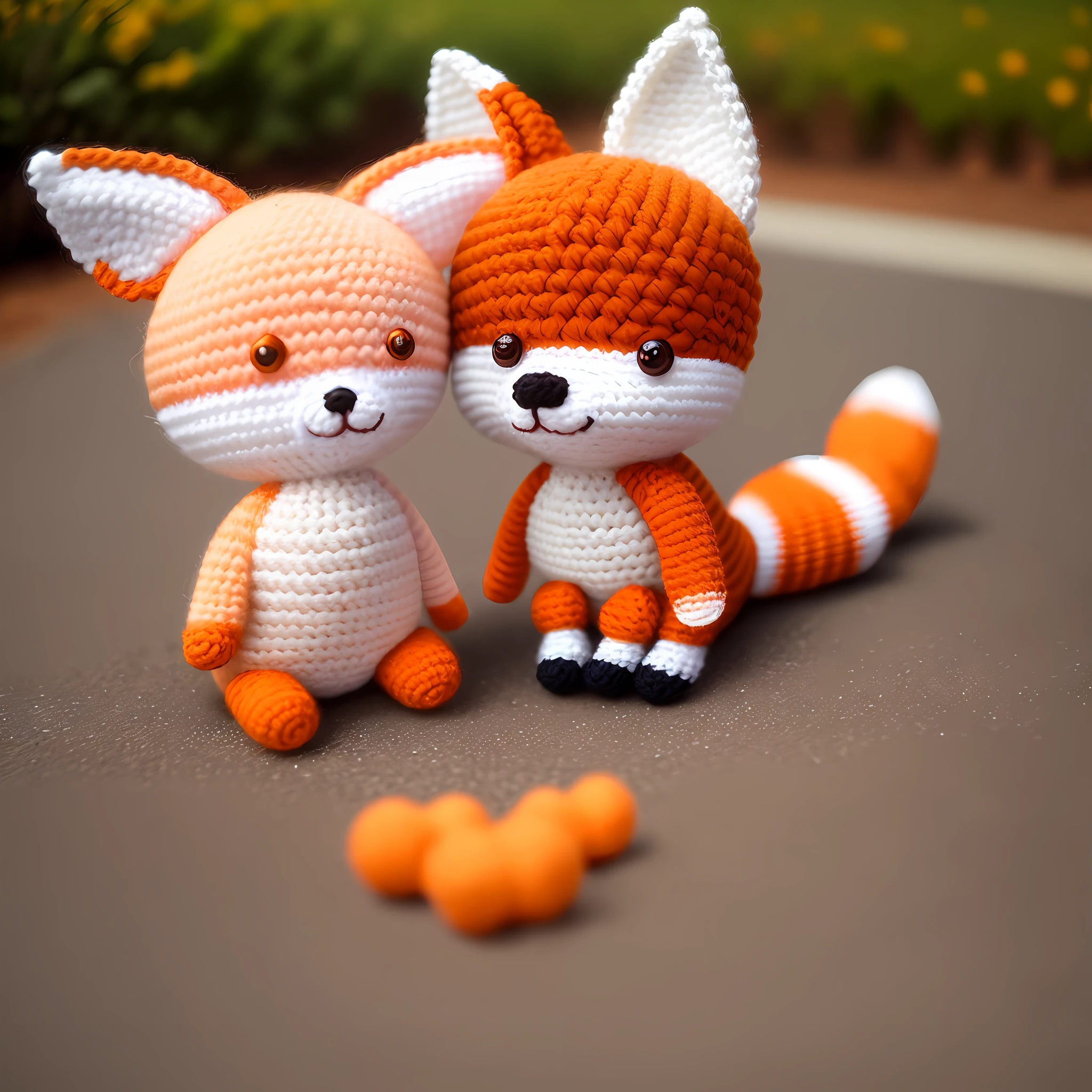 an amigurumi fox, in orange and white, knitted, on the ground, looking at the observer, photographic quality, realistic,