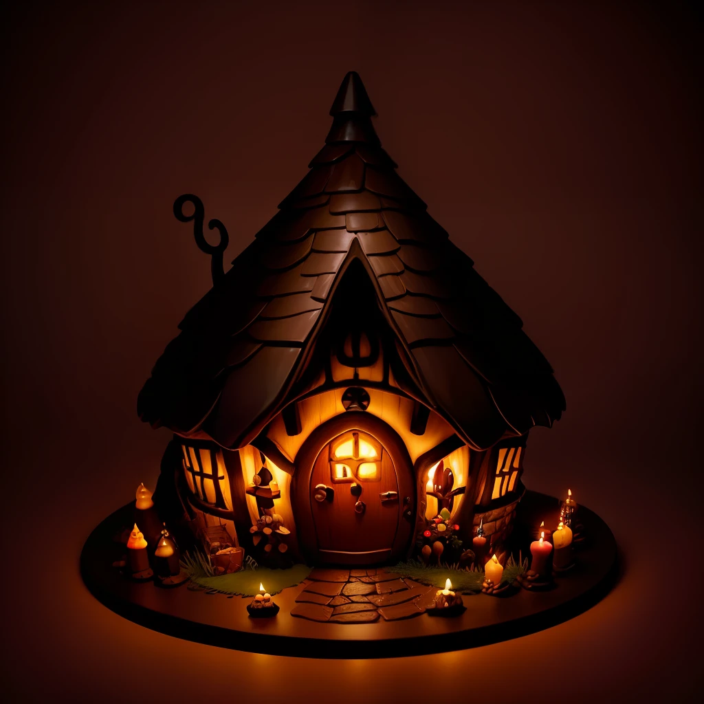 the witches hobbit chocolate house,with dark color,some candy and candles, pop,HDR,4k,upscales