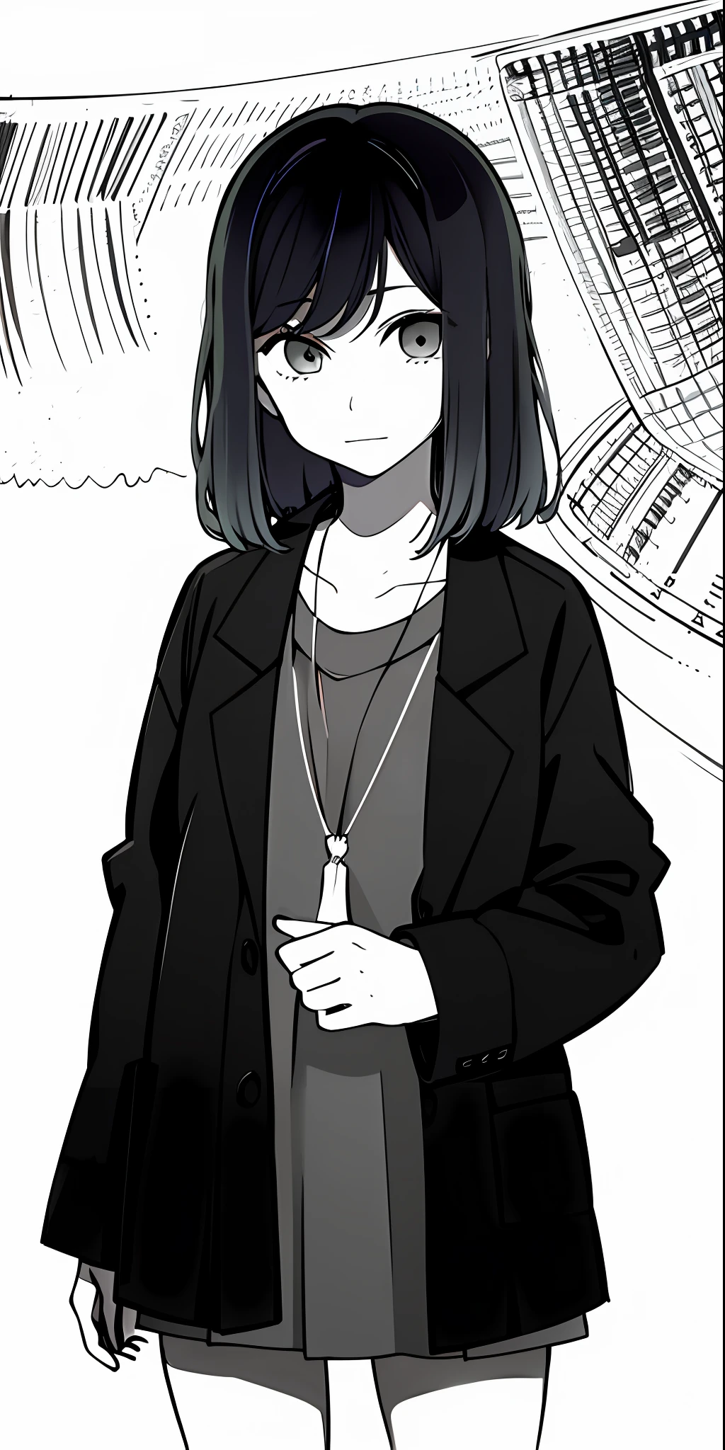 Monochrome, red background, a girl, hippie style, rock, (from front: 1.3),