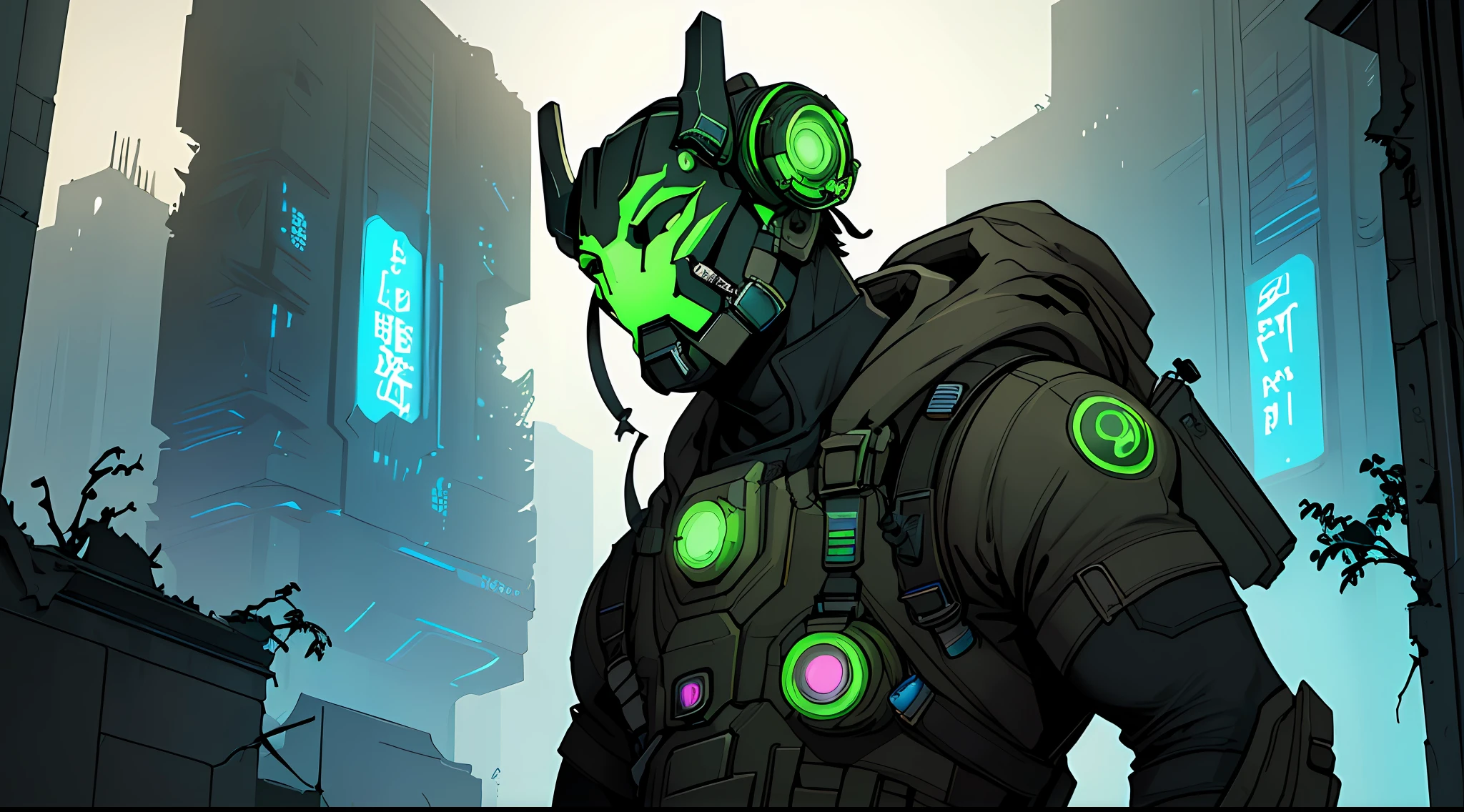 (Ultra detailed), (masterpiece), (best quality), (very detailed CG unit 8k wallpaper), ((a sci-fi explorer)) with accessories, ((with sci-fi mask)), in an abandoned city in ruins, ruins, radioactivity, polluted air, rooting, infestation, spores, fungi, ((((upper body))), male anatomy, dim light, soft light, concept art, dimly lit, scifi accessories, colorful, vivid colors, cinematic, highly detailed, stylized wallpaper.