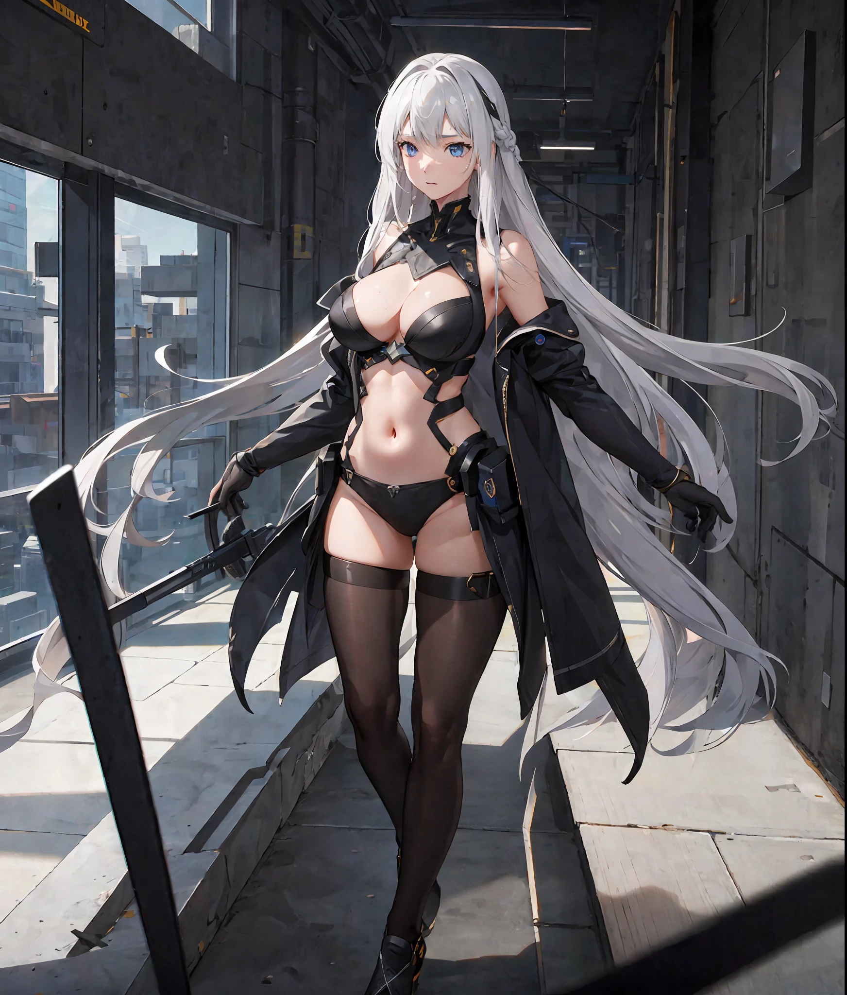 anti-aliasing, intricate detail, art station, virtual engine, dof, super resolution, megapixel, fkaa, txaa, rtx, ssao, post-processing, post-production, tone mapping, CGI, VFX, SFX, crazy details and complexity, ultra-realistic hyper-detail, super detail, realism, ultra-realistic, unreal engine, 8K, masterpiece, best quality, silver, long hair, navel, big breasts, shiny skin, ray tracing, depth of field, looking at the audience, A girl in a high-tech tights flies out of a high-rise building, neon city, high-rise building, from above