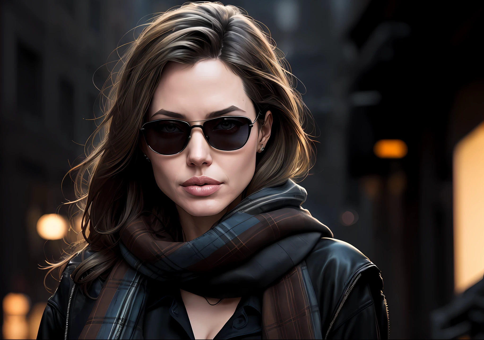 Angelina Jolie Dark photo: With her body covered, sitting on the bench of the square, realistic epic, halo portrait, sunglasses, blue eyes, plaid scarf, white hair by Atey Ghailan, by Greg Rutkowski, by Greg Tocchini, by James Gilleard, by Joe Fenton, by Kaethe Butcher, yellow gradient, black, brown and magenta color scheme, grunge aesthetic!!! Graffiti brand wall background, art by Greg Rutkowski and Artgerm, soft cinematic light, Adobe Lightroom, Photo Lab, HDR, intricate, highly detailed, (depth of field: 1.4), faded, (neutral colors: 1.2), (HDR: 1.4), (soft colors:1.2), hyperdetailed, (Artstation:1.4), cinematic, warm lights, dramatic light, (intricate details:1.1), complex background, (Rutkowski:0.66), (blue and orange:0.4)