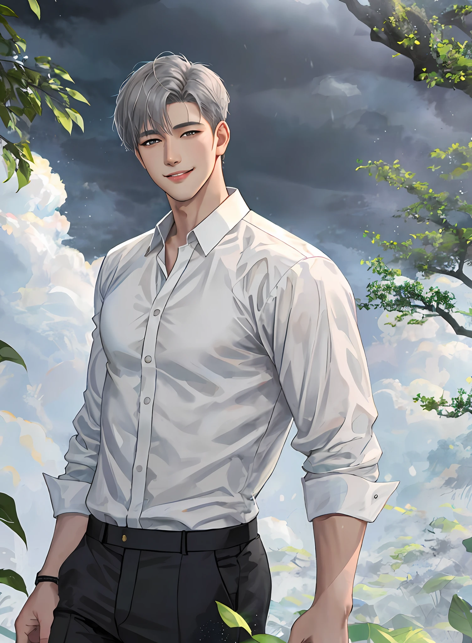 masterpiece, best quality, realistic, 1man, male focus,thin and tall, handsome, smile, closed mouth, white shirt and black pants, portrait, extremely detailed face, monsoon season,korean face, idol face, sharp eyeline, short gray hair, dramatic lightning, foggy background with mapel leaves,