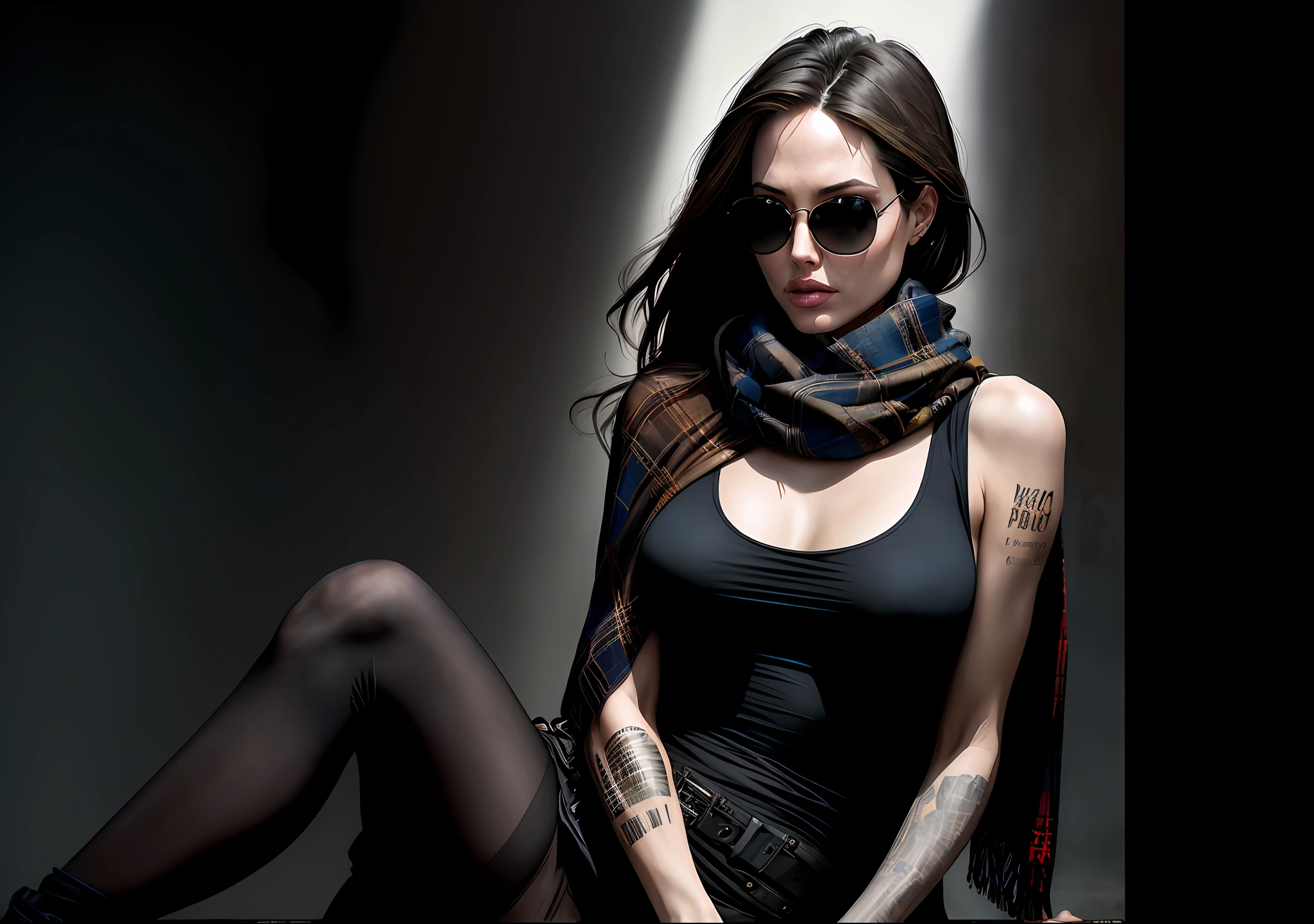 Angelina Jolie Dark photo: With her body covered, sitting on the bench of the square, realistic epic, halo portrait, sunglasses, blue eyes, plaid scarf, white hair by Atey Ghailan, by Greg Rutkowski, by Greg Tocchini, by James Gilleard, by Joe Fenton, by Kaethe Butcher, yellow gradient, black, brown and magenta color scheme, grunge aesthetic!!! Graffiti brand wall background, art by Greg Rutkowski and Artgerm, soft cinematic light, Adobe Lightroom, Photo Lab, HDR, intricate, highly detailed, (depth of field: 1.4), faded, (neutral colors: 1.2), (HDR: 1.4), (soft colors:1.2), hyperdetailed, (Artstation:1.4), cinematic, warm lights, dramatic light, (intricate details:1.1), complex background, (Rutkowski:0.66), (blue and orange:0.4)