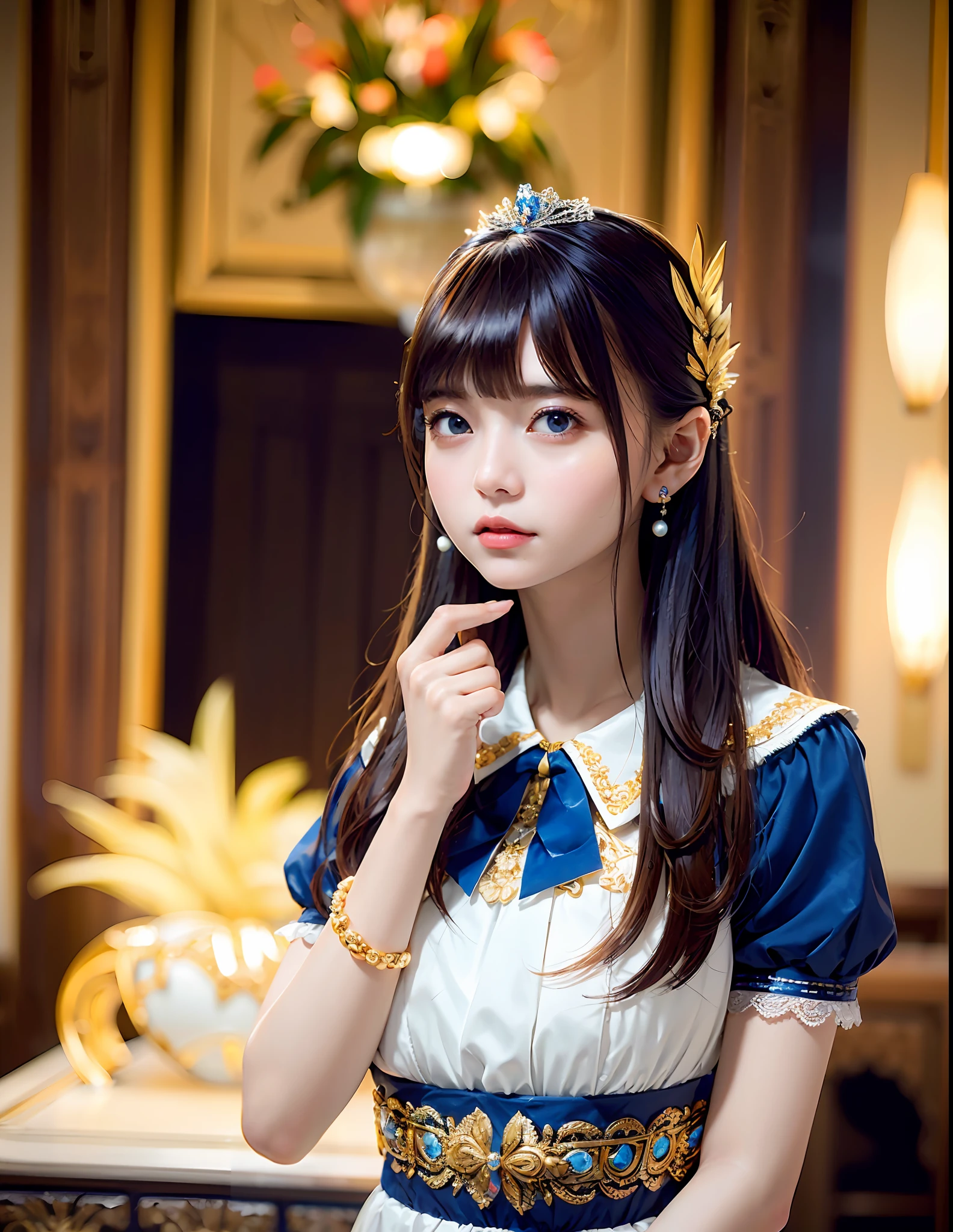 (Master Works, 8K Resolution, Perfect Depth of Field Panorama) + (Noble Woman, Goddess Queen, Arrogant and Confident) + (Perfect facial features, delicate face, single) + (Natural light, feather hair ornaments, bracelets, sapphire brooches, pearl bracelets, earrings, lace trim, open shoulders) + (Workplace uniform)