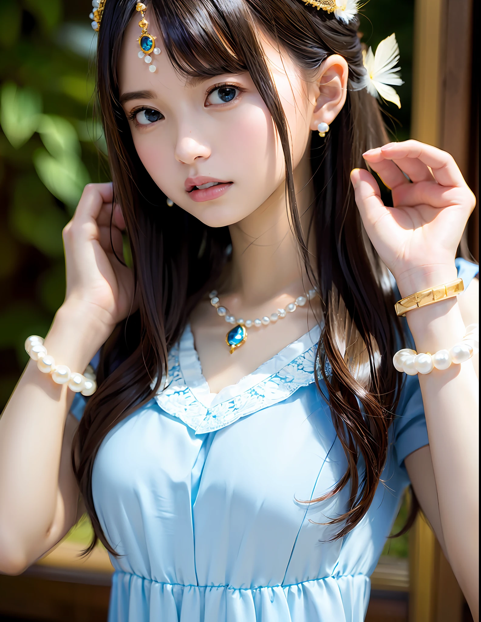 (Master Works, 8K Resolution, Perfect Depth of Field Panorama) + (Noble Woman, Goddess Queen, Arrogant and Confident) + (Perfect facial features, delicate face, single) + (Natural light, feather hair ornaments, bracelets, sapphire brooches, pearl bracelets, earrings, lace trim, open shoulders) + (Workplace uniform)