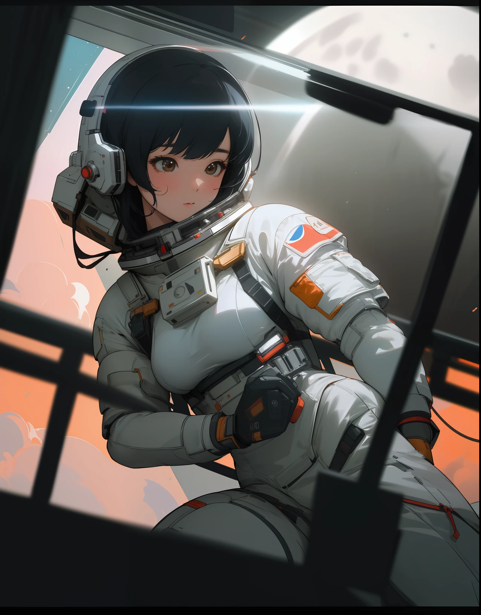 Korean girl in astronaut suit on moon, (An extremely delicate and beautiful work), beautiful face, waist leaking, full body, Random posture, big breasts, delicate figure, realistic photo, (portrait), [smoke], [haze], natural lighting, shallow depth of field, photographed on a Canon EOS-1D X Mark III, 50mm lens, F/2.8, (intricately detailed, hyperdetailed), ((RAW color)), sharp focus, HDR, 4k resolution, Cinematic film