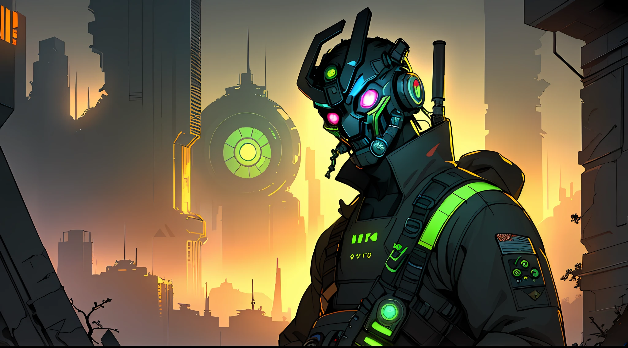 (Ultra detailed), (masterpiece), (best quality), (very detailed CG unit 8k wallpaper), ((a sci-fi explorer)) on a hill, looking at city, in ruins, with accessories, ((with sci-fi mask)), ruins, radioactivity, polluted air, rooting, infestation, spores, fungi, (((upper body))), male anatomy, dim light, soft light, conceptual art, dimly lit, scifi accessories, colorful, bright colors, cinematic, highly detailed, stylized wallpaper.