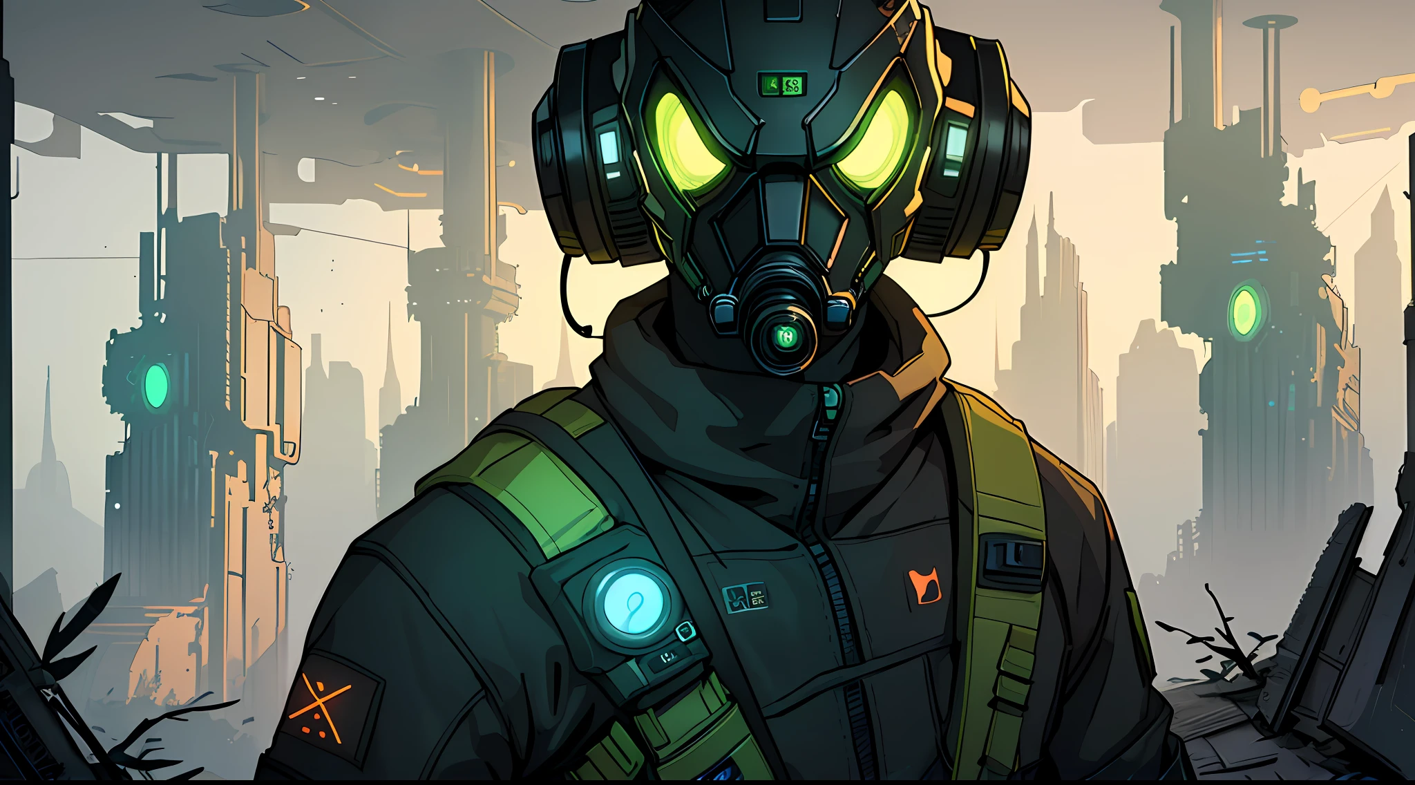 (Ultra detailed), (masterpiece), (best quality), (very detailed CG unit 8k wallpaper), ((a sci-fi explorer)) on a hill, looking at city, in ruins, with accessories, ((with sci-fi mask)), ruins, radioactivity, polluted air, rooting, infestation, spores, fungi, (((upper body))), male anatomy, dim light, soft light, conceptual art, dimly lit, scifi accessories, colorful, bright colors,  cinematic, highly detailed, stylized wallpaper.