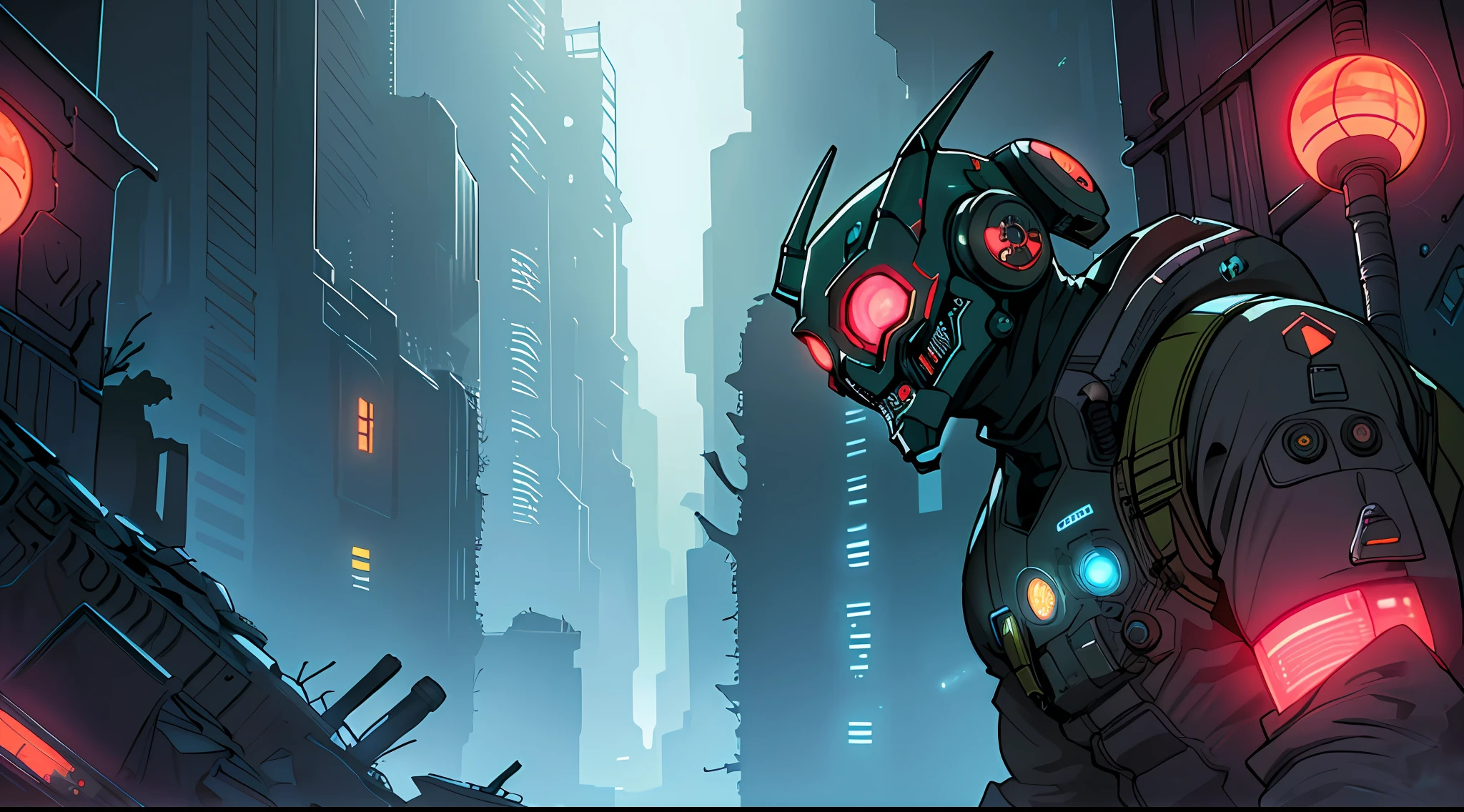 (Ultra detailed), (masterpiece), (best quality), (very detailed CG unit 8k wallpaper), ((a sci-fi explorer)) on a hill, looking at city, in ruins, with accessories, ((with sci-fi mask)), ruins, radioactivity, polluted air, rooting, infestation, spores, fungi, (((upper body))), male anatomy, dim light, soft light, conceptual art, dimly lit, scifi accessories, colorful, bright colors, cinematic, highly detailed, stylized wallpaper.