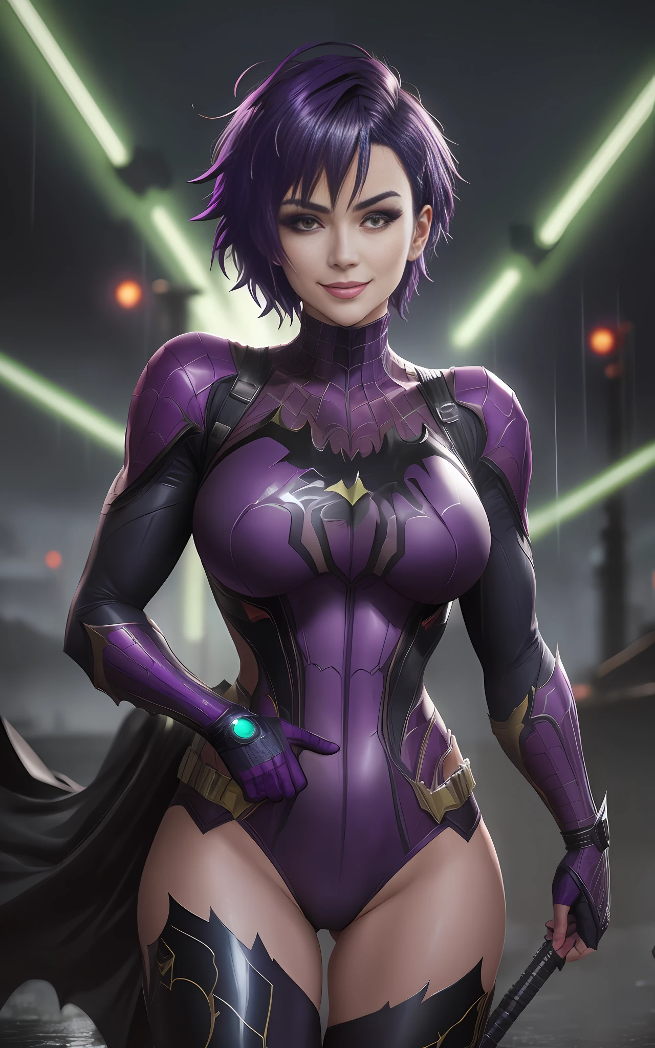 16k image, Anime style, Mortal Kombat, ((([Woman|as| Batman| Spider-Man]))), short purple hair, green eyes, look at the viewer, smile, hold futuristic weapons, futuristic macabre city, very heavy rain, wet body.
