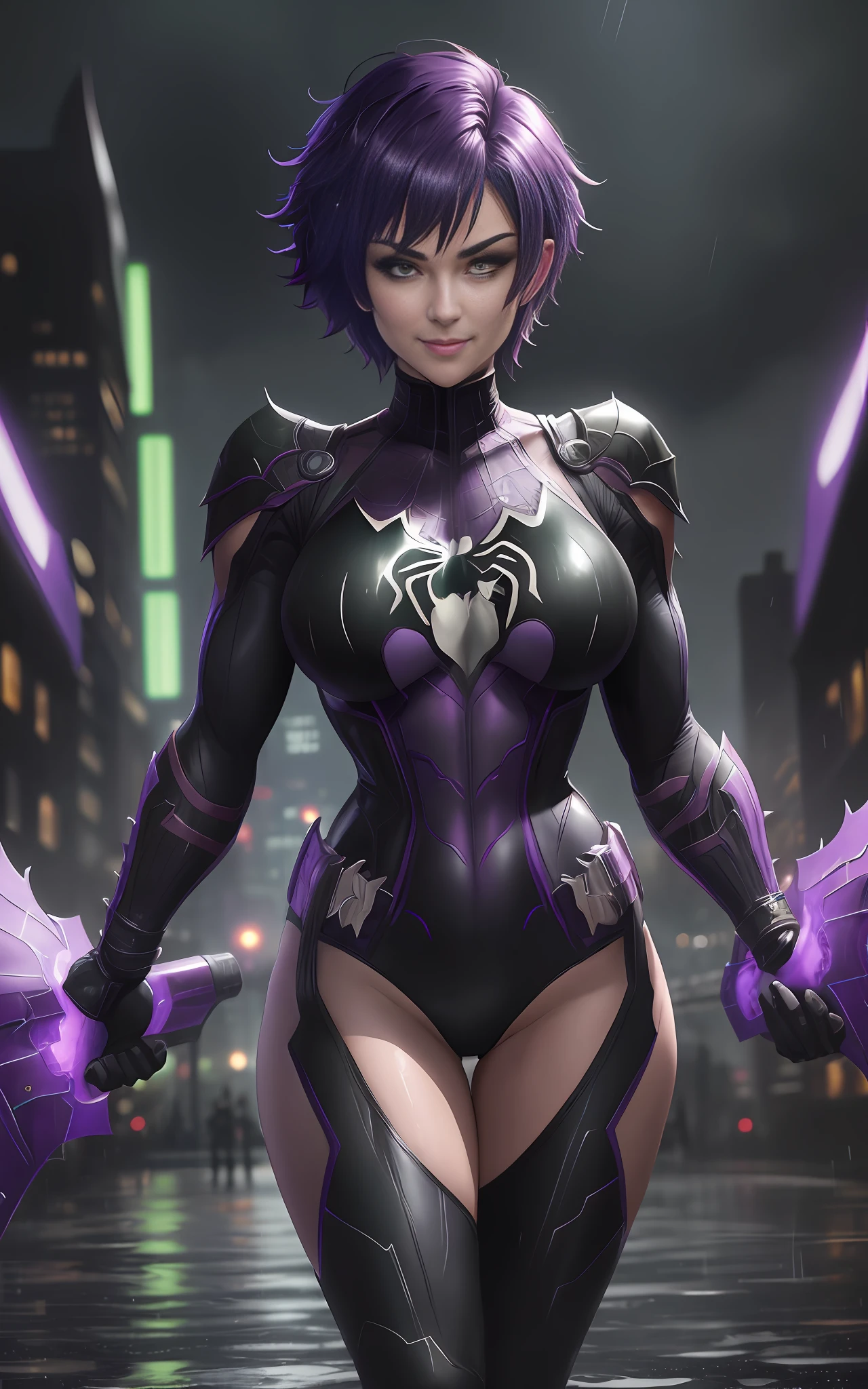 16k image, Anime style, Mortal Kombat, ((([Woman|as| Batman| Spider-Man]))), short purple hair, green eyes, look at the viewer, smile, hold futuristic weapons, futuristic macabre city, very heavy rain, wet body.
