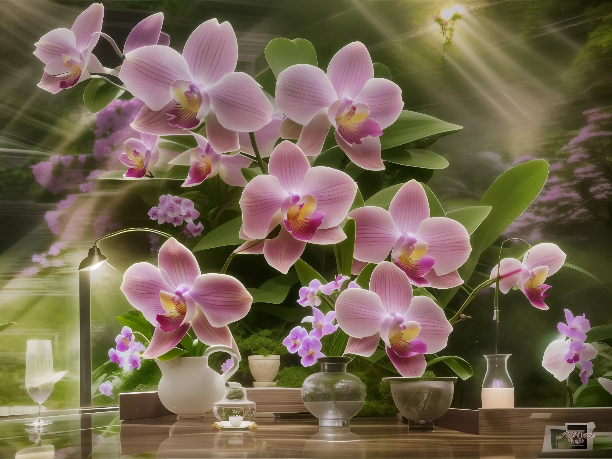 purple flowers in a vase on a table in a garden, orchids, overgrown with orchids, surreal waiizi flowers, reflective orchid flower, moth orchids, overgrown with puffy orchids, orchid, overgrown with thick orchids, orchid stems, 3 d giant orchid flower, an orchid flower, soft filmic tonemapping, vibrant pink, looking left, photo blurring