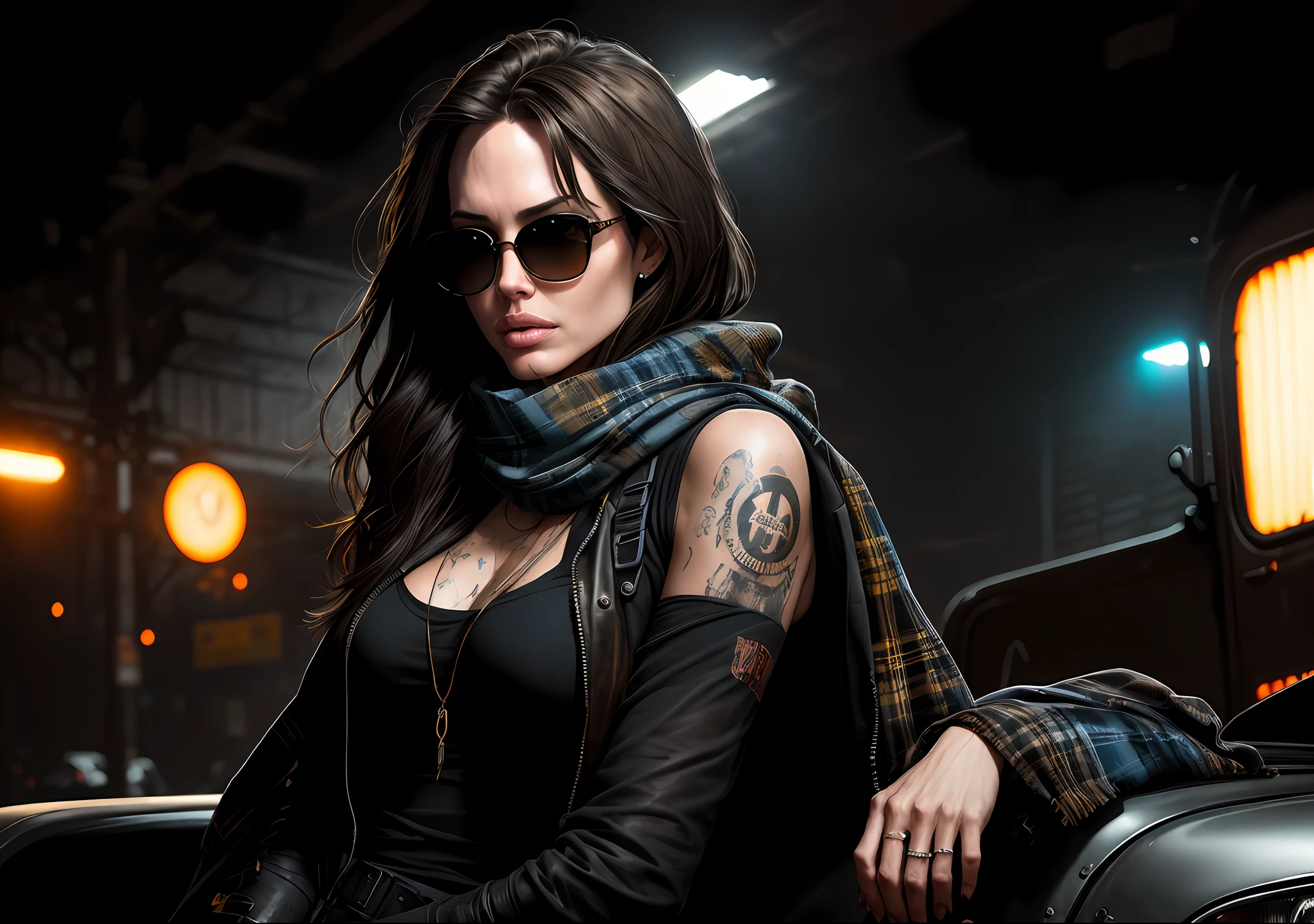 Angelina Jolie Dark photo: With her body covered, sitting next to an old truck, realistic epic, halo portrait, sunglasses, blue eyes, plaid scarf, white hair by Atey Ghailan, by Greg Rutkowski, by Greg Tocchini, by James Gilleard, by Joe Fenton, by Kaethe Butcher, yellow gradient, black, brown and magenta color scheme,  grunge aesthetics!!! Graffiti brand wall background, art by Greg Rutkowski and Artgerm, soft cinematic light, Adobe Lightroom, Photo Lab, HDR, intricate, highly detailed, (depth of field: 1.4), faded, (neutral colors: 1.2), (HDR: 1.4), (soft colors:1.2), hyperdetailed, (Artstation:1.4), cinematic, warm lights, dramatic light, (intricate details:1.1), complex background, (Rutkowski:0.66), (blue and orange:0.4)