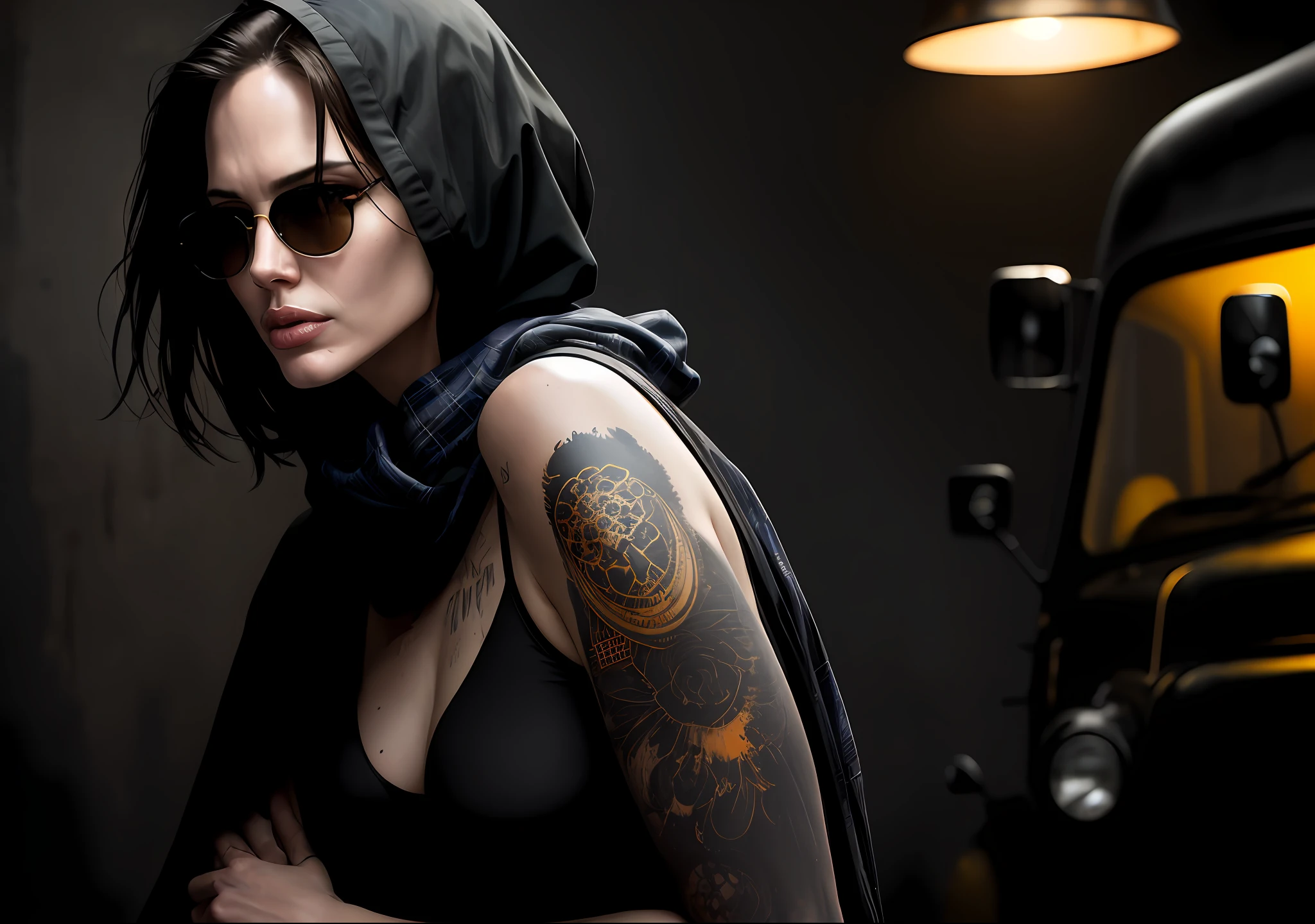 Angelina Jolie Dark photo: With her body covered, sitting next to an old truck, realistic epic, halo portrait, sunglasses, blue eyes, plaid scarf, white hair by Atey Ghailan, by Greg Rutkowski, by Greg Tocchini, by James Gilleard, by Joe Fenton, by Kaethe Butcher, yellow gradient, black, brown and magenta color scheme, grunge aesthetics!!! Graffiti brand wall background, art by Greg Rutkowski and Artgerm, soft cinematic light, Adobe Lightroom, Photo Lab, HDR, intricate, highly detailed, (depth of field: 1.4), faded, (neutral colors: 1.2), (HDR: 1.4), (soft colors:1.2), hyperdetailed, (Artstation:1.4), cinematic, warm lights, dramatic light, (intricate details:1.1), complex background, (Rutkowski:0.66), (blue and orange:0.4)
