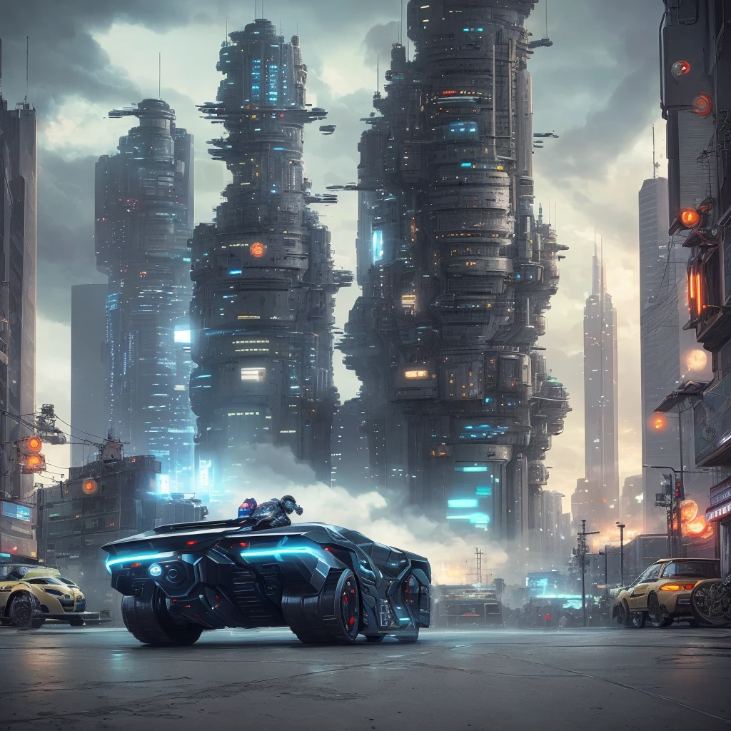 cyber-enhanced man with a futuristic sci-fi vehicle on a dystopian sci-fi city street