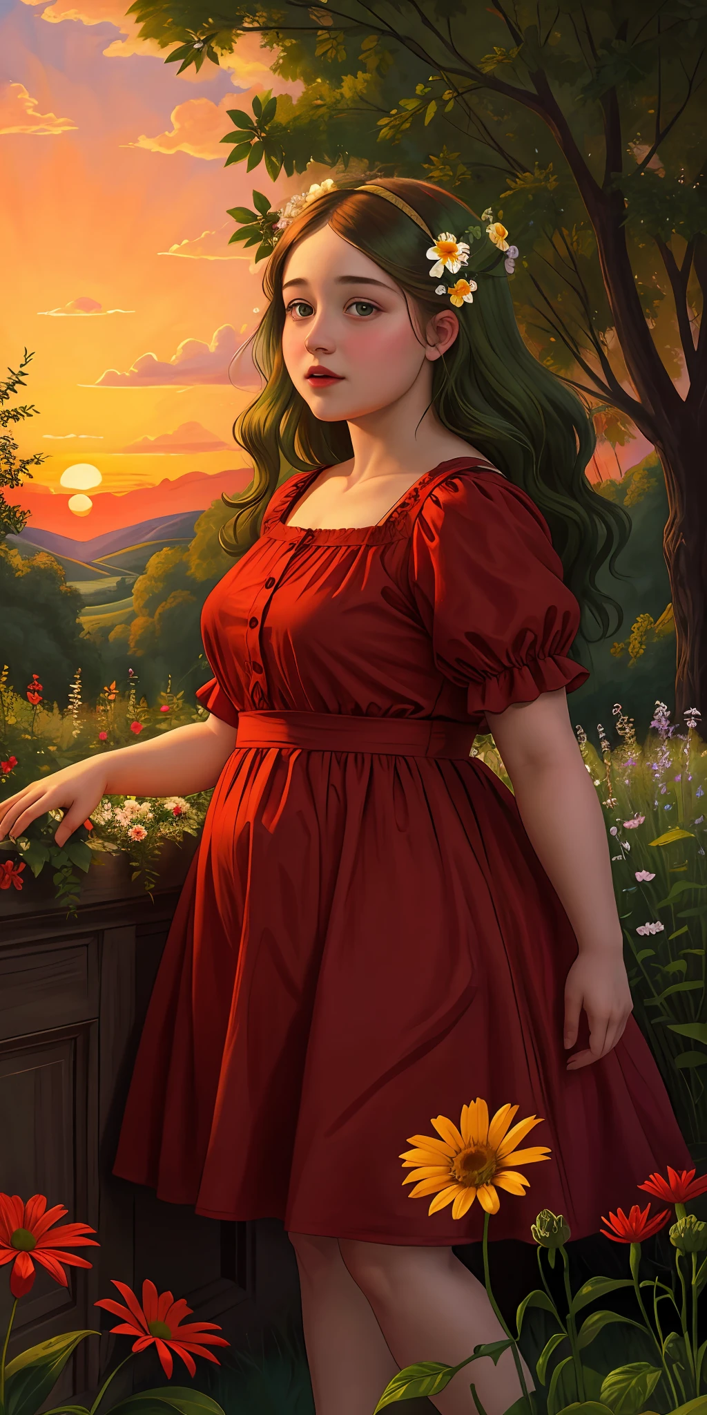 renaissance painting of 1 chubby woman in a field of green plants and flowers, red dress, sunset, warm lighting