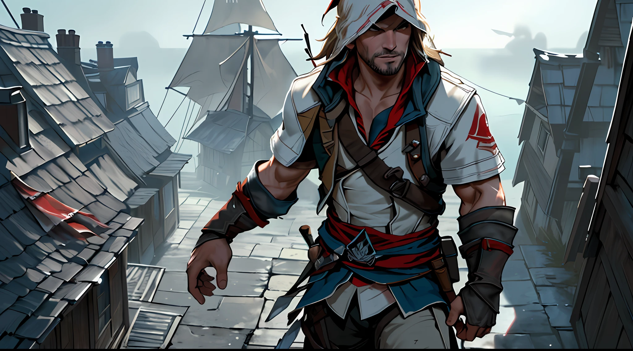 (Ultra detailed), (masterpiece), (best quality), (very detailed CG unit 8k wallpaper), ((Edward Kenway)), (assassins Creed black flag), on the roof of houses in France of the 1800s, dynamic pose, (evil face), dim light, soft light, concept art, dimly lit, assassins creed rogue outfit, cinematic, highly detailed, stylized wallpaper
