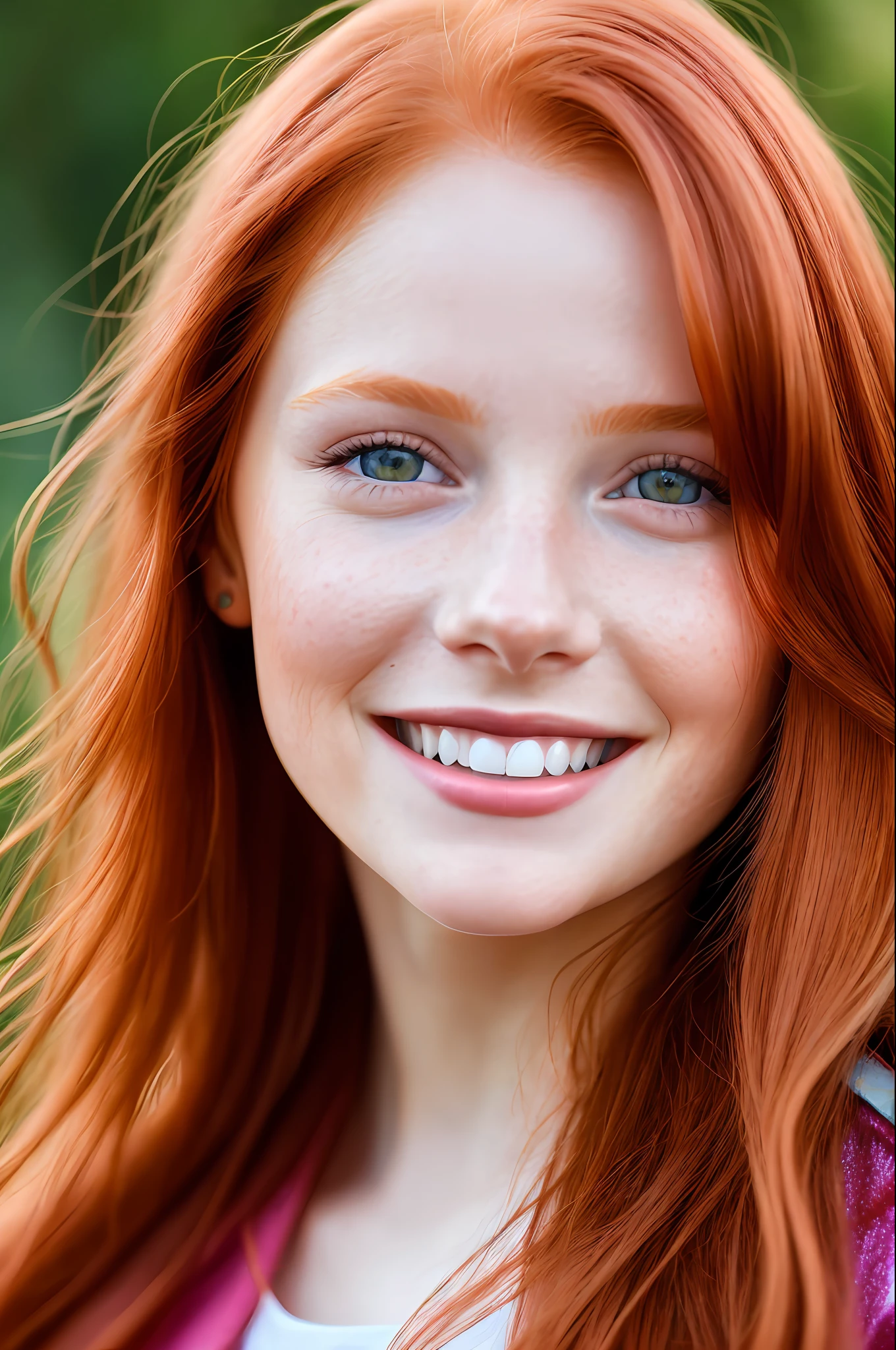 color photography, close-up, ((a realistic photo of a beautiful young redhead girl of 18 years smiling)), (Cyber_Girl_V3:0.99), light, ((bright skin)), looking_at_viewer, (fit body: 1.0), straight loose hair, detailed illustration, masterpiece, high quality, realistic, very detailed face, masterpiece