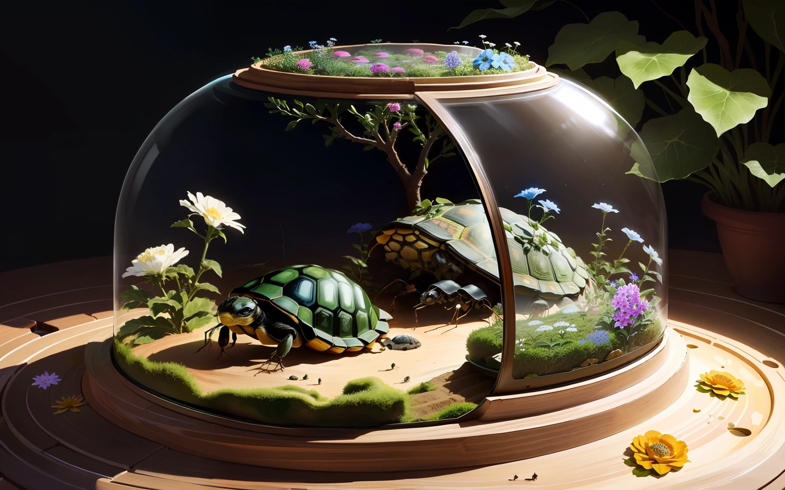 ant habitat is round, glass on back of tortoise, flowers.
