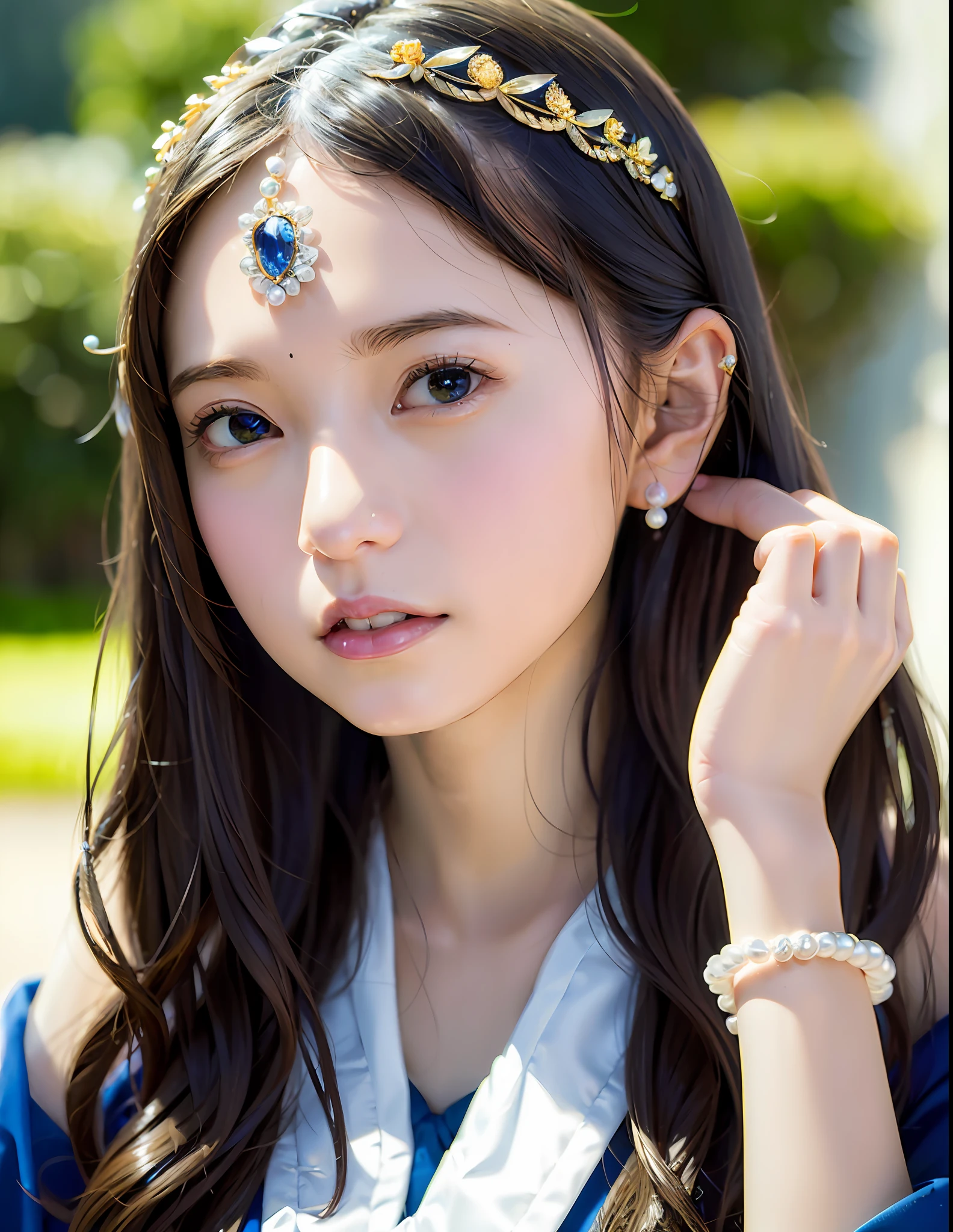 (Masterworks, 8K resolution, perfect depth-of-field panorama) + (noble woman, queen of the goddess, arrogant and confident) + (perfect facial features, delicate face, single) + (natural light, feather hair ornament, bracelet, sapphire brooch, pearl bracelet, earrings, lace trim, open shoulder) + (work uniform), blonde