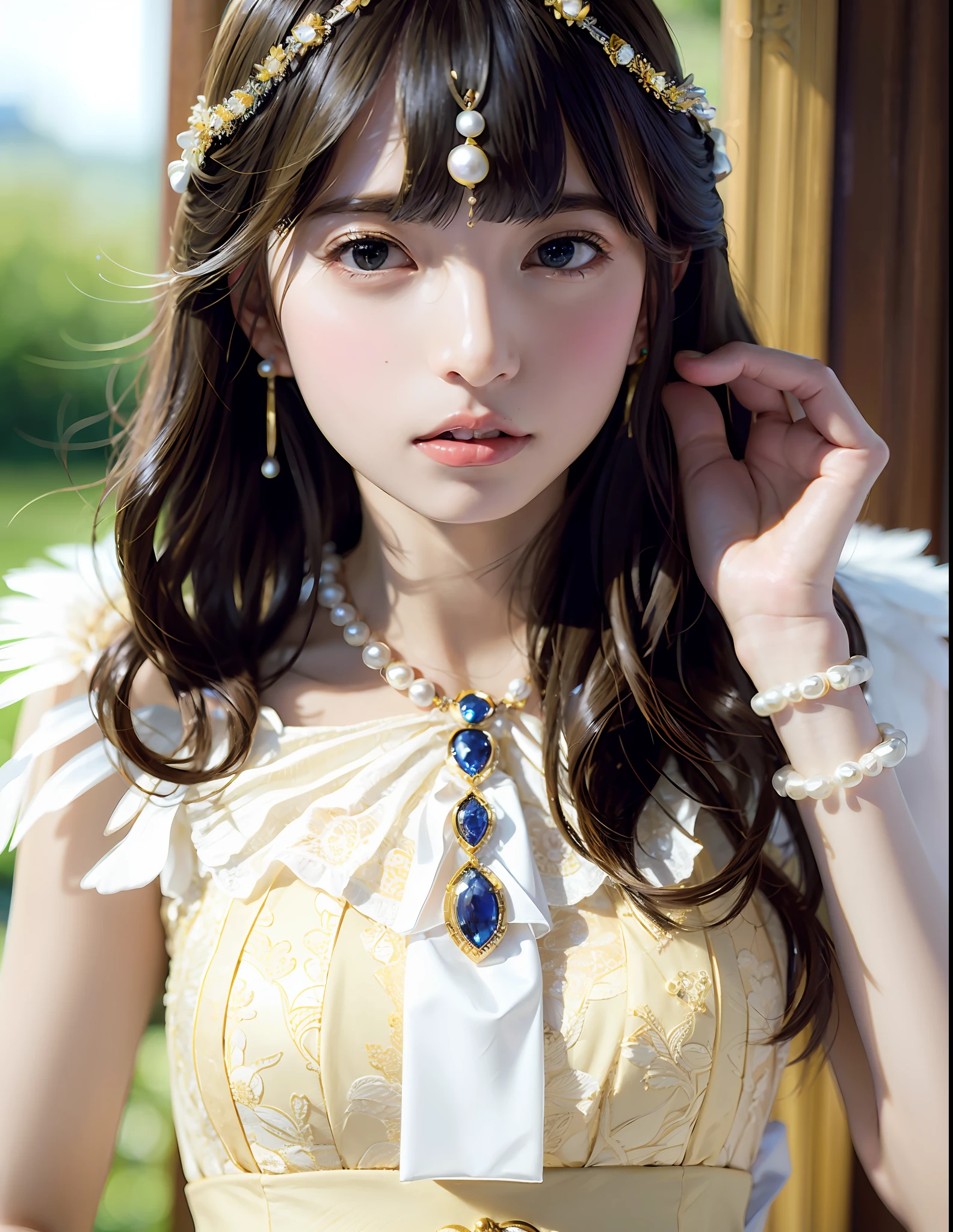 (Masterworks, 8K resolution, perfect depth-of-field panorama) + (noble woman, queen of the goddess, arrogant and confident) + (perfect facial features, delicate face, single) + (natural light, feather hair ornament, bracelet, sapphire brooch, pearl bracelet, earrings, lace trim, open shoulder) + (work uniform), blonde