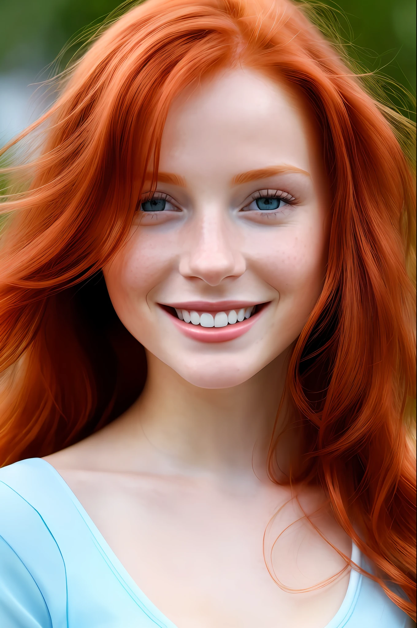 color photography, close-up, ((a realistic photo of a beautiful young redhead girl of 18 years smiling)), (Cyber_Girl_V3:0.99), light, ((bright skin)), looking_at_viewer, (fit body: 1.0), straight loose hair, detailed illustration, masterpiece, high quality, realistic, very detailed face, masterpiece