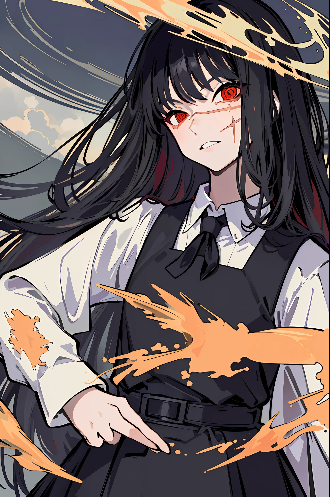 (masterpiece, top quality, best quality, official art, beautiful and aesthetic:1.2), (1girl:1.3), (fractal art:1.3), yoru, 1girl, long hair, black hair, red eyes, scar on face, ringed eyes, (pinafore dress, black belt, black ribbon), night city, luminous signs, upper-body, looks at the viewer