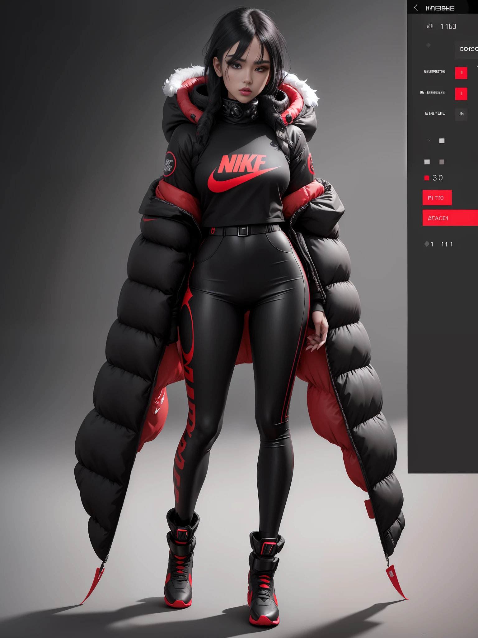 A stylish single person full of bubbles fluffy winter down jacket design space background cyberpunk ((black red: 1.3) + (fashion: 1.1) + (trendy: 1.2)), (nike logo), (corona rendering), ((space winter down jacket concept + concept art design): 1.3), (8K: 1.3), (2:3 aspect ratio + warm color Q2), (750 pixels), ((fashion elements) :( 1.1 + black red T-shirt blends with fashion elements)), (Dynamics: 5)