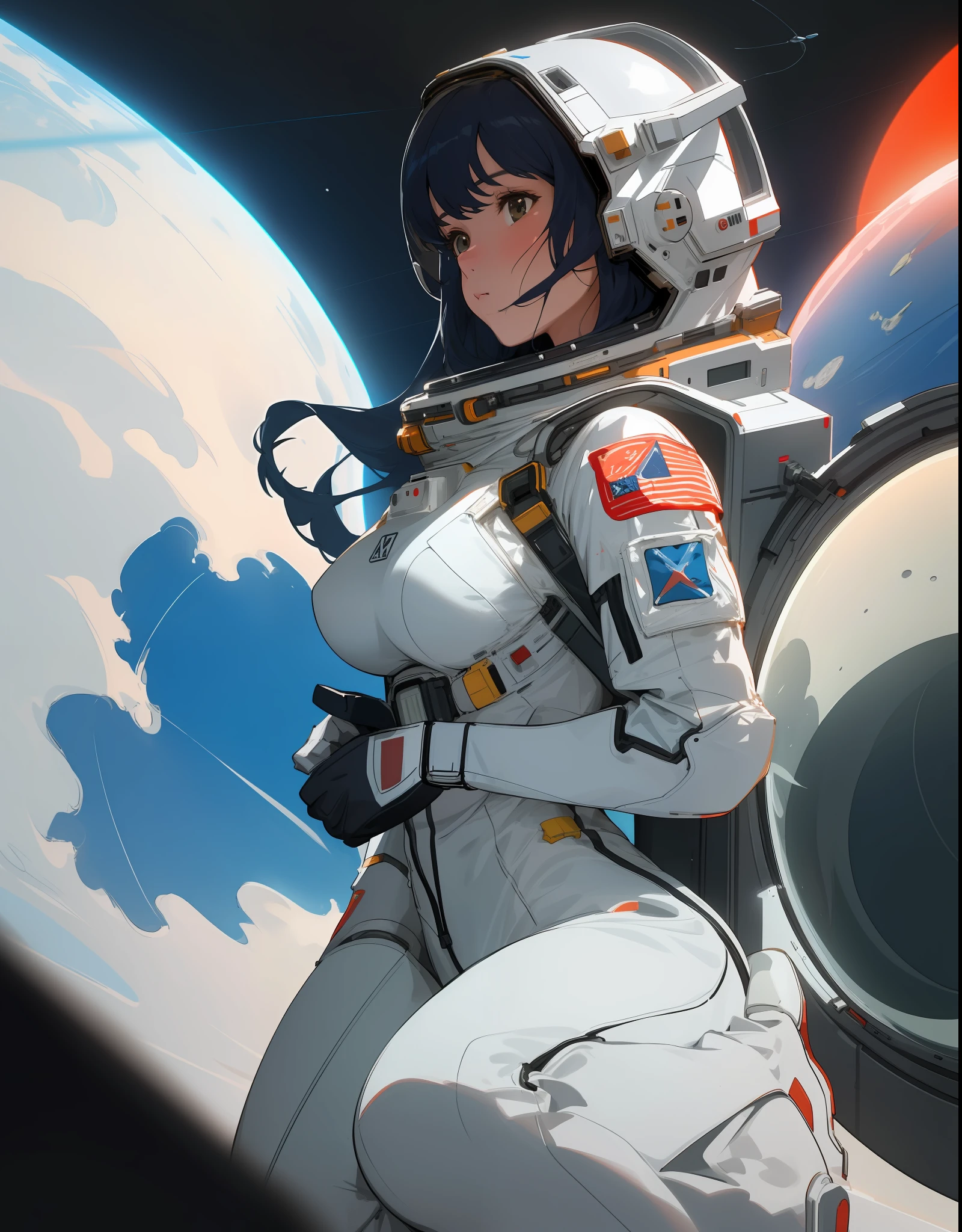 girl in astronaut suit on moon, (An extremely delicate and beautiful work), beautiful face, waist leaking, full body, Random posture, big breasts, delicate figure, realistic photo, (portrait), [smoke], [haze], natural lighting, shallow depth of field, photographed on a Canon EOS-1D X Mark III, 50mm lens, F/2.8, (intricately detailed, hyperdetailed), ((RAW color)), sharp focus, HDR, 4k resolution, Cinematic film