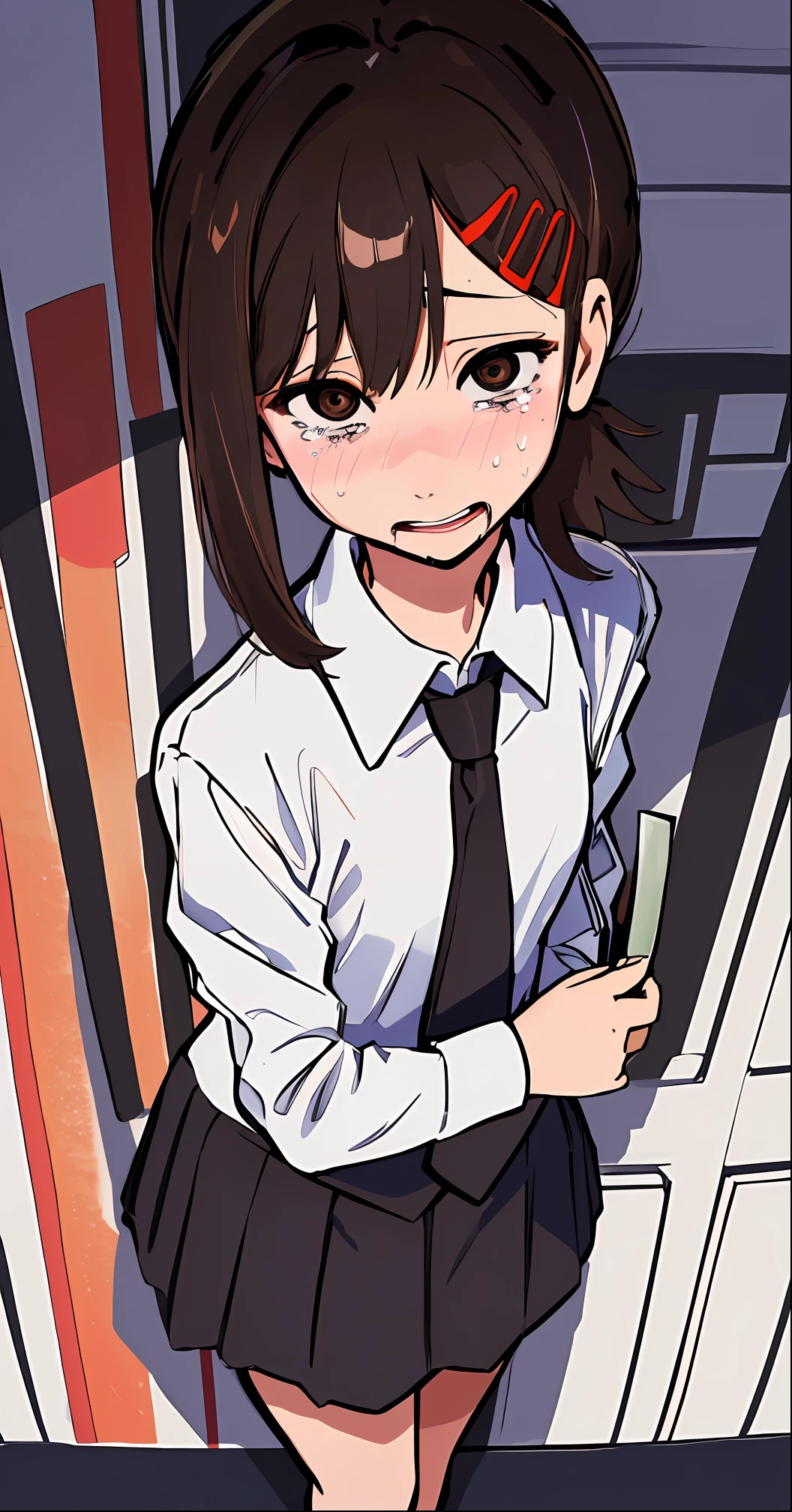 best quality, masterpiece, highres, original, extremely detailed wallpaper, (ultra-detailed), (best illustration), (best shadow), (realism), small breasts, perky breasts, business suit, holding a knife, crazy look, crazy eyes, yandere, crying, blushing, blazer, black necktie, white collared shirt, sword_holding, (brown eyes)