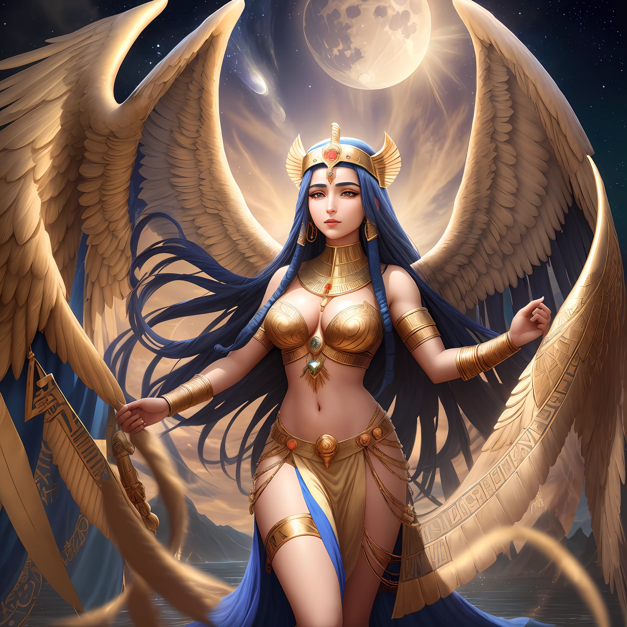 "Please create a series of images that depict the goddess Isis, one of the most important deities in Egyptian mythology. The images should capture the majesty, beauty and power of this goddess. Isis is often depicted as a woman of incomparable beauty, wearing a long dress adorned with Egyptian symbols such as the ankh (symbol of life) and the ureus (sacred serpent). She is often depicted with spread wings, symbolizing her connection to the heavens. Use vibrant colors and elaborate details to emphasize the divine aura of Isis. Include elements associated with it, such as the moon, the Nile, and lush vegetation. The images should convey reverence and admiration for the goddess, as well as her role as protector, healer and symbol of fertility. Celebrate rich Egyptian mythology through artistic depictions of Isis."